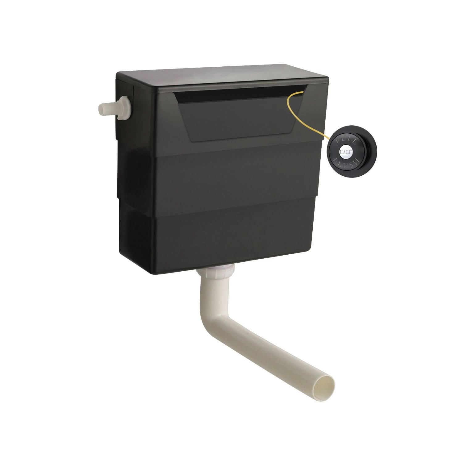 The Nuie Universal Access Concealed Toilet Cistern features a traditional black flush plate with a white flush pipe, all by Nuie, shown isolated on a white background.
