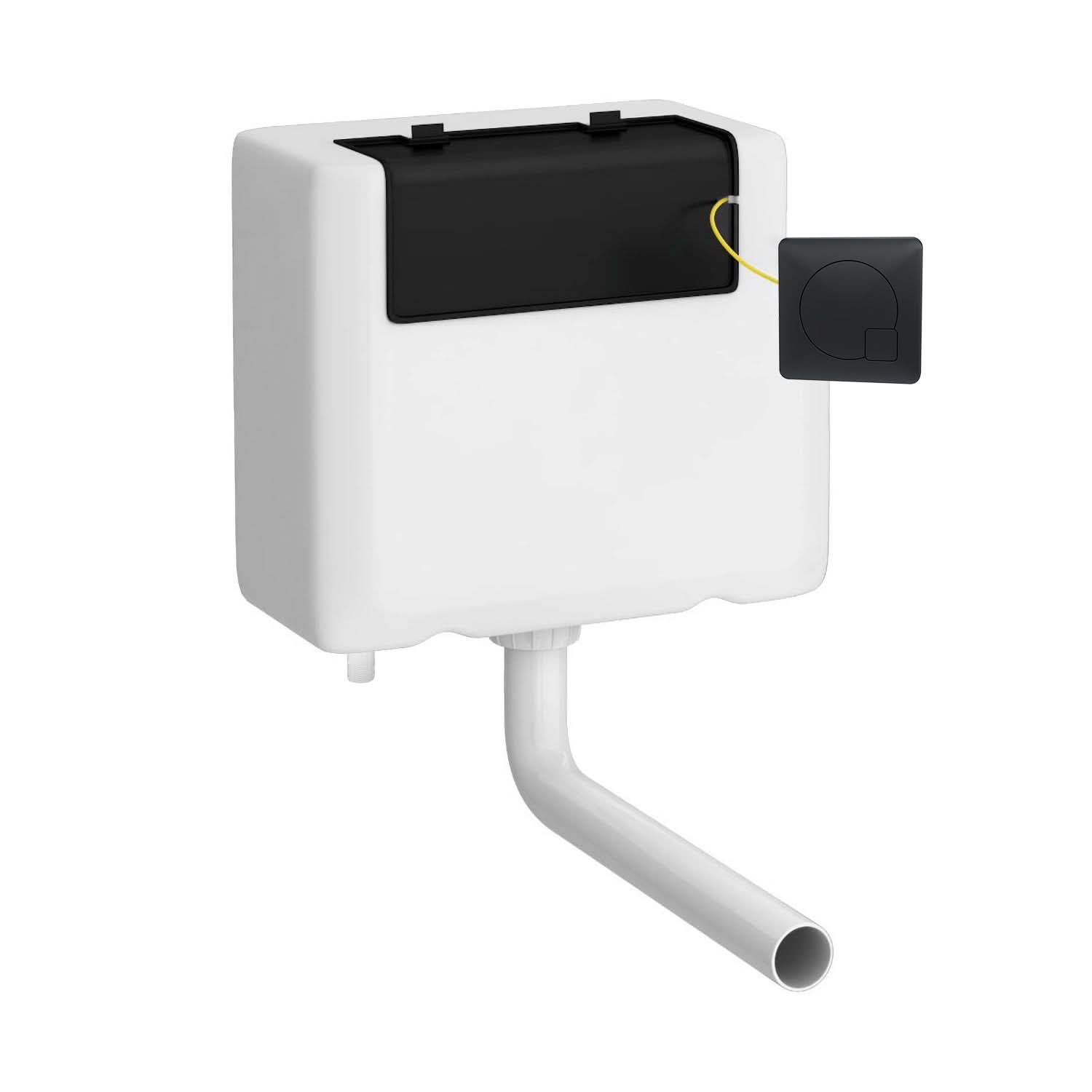 The Nuie Universal Access Concealed Toilet Cistern With Black Flush Plate (white) features a rectangular design, black flush plate lid, yellow wire to a small black device on the top right, and a white pipe extending down from the Nuie tank.
