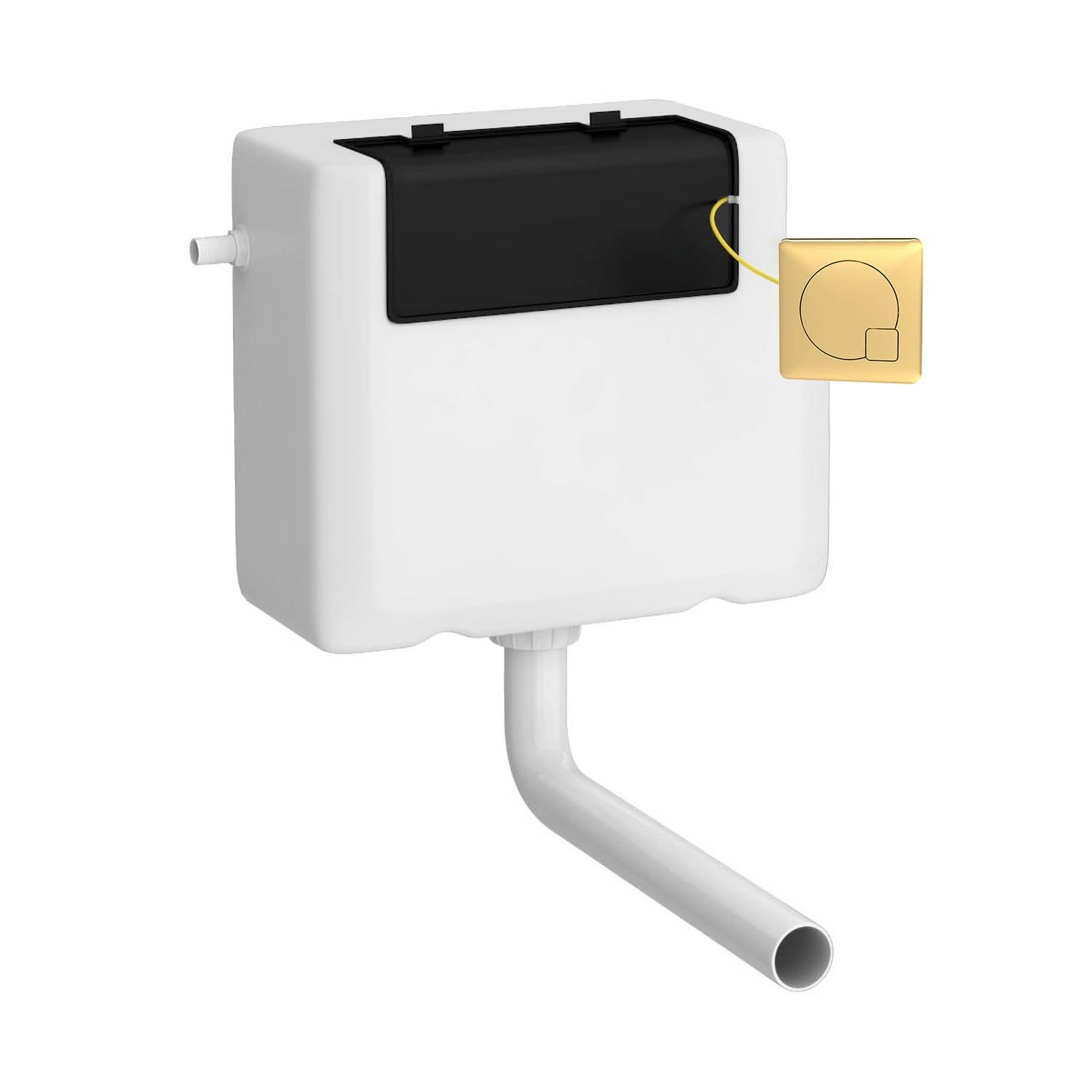 The Nuie Universal Access Dual Flush Concealed Cistern With Brushed Brass Flush Plate features a white rectangular design, black lid, and white curved flush pipe. A yellow sticker with a diagram is on the upper right corner of the cistern.