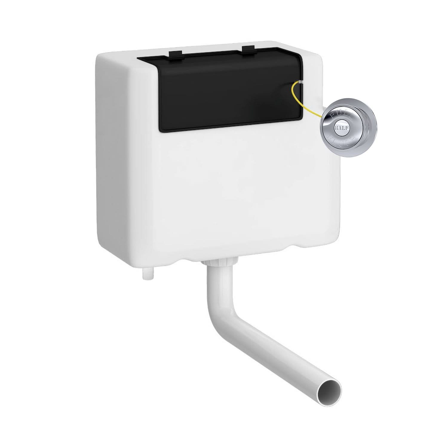 The Nuie Universal Access Concealed Toilet Cistern in white features a traditional chrome flush plate, side-mounted for easy access, with a white outlet pipe extending downward and forward. Brand: Nuie.