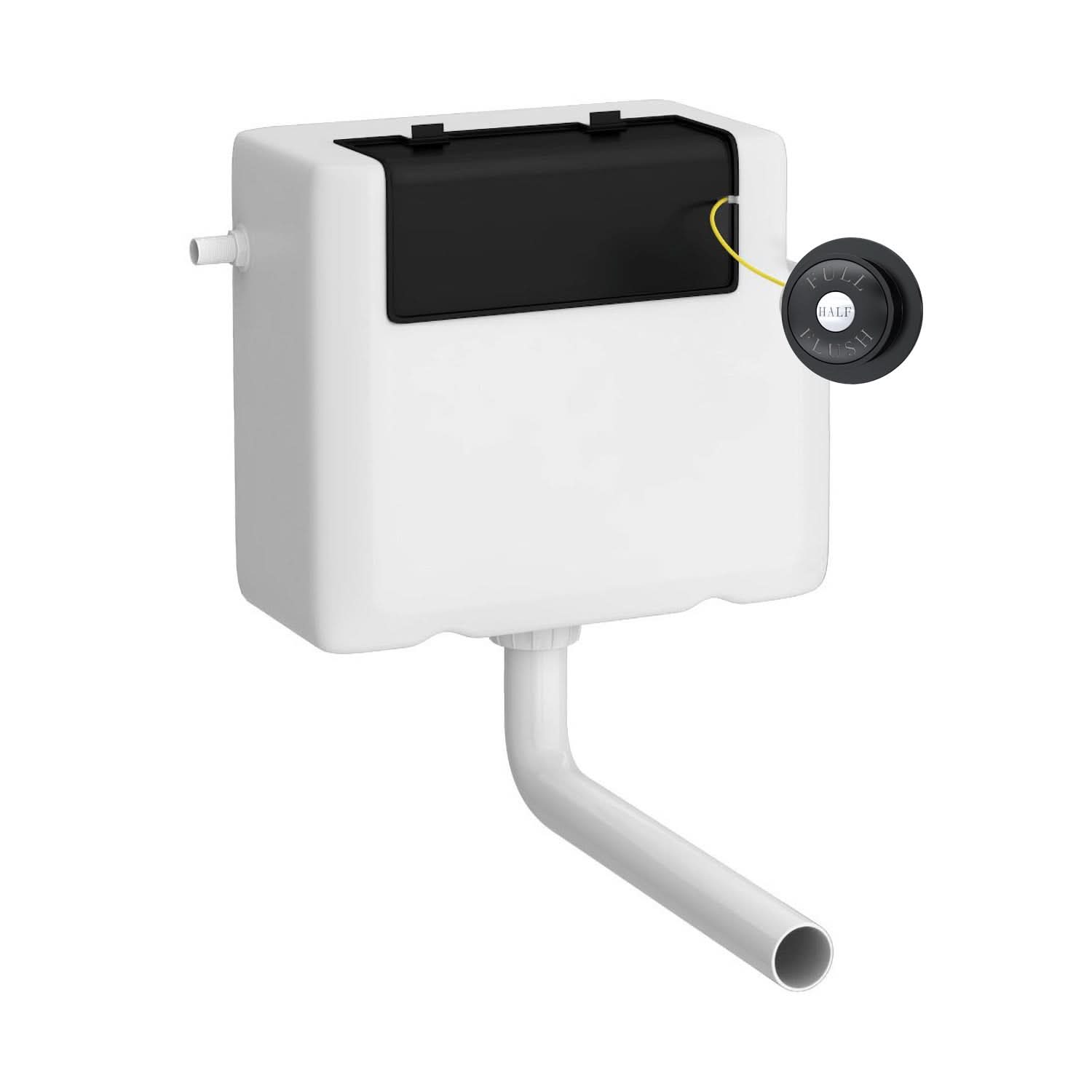 The Nuie Universal Access Dual Flush Concealed Cistern in white features a traditional black flush plate, side-mounted flush button, and an attached white outlet pipe.