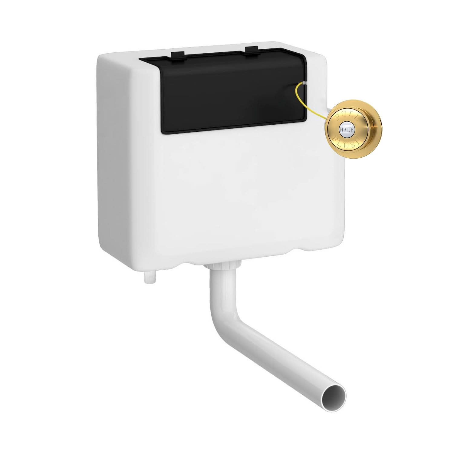 The Nuie Universal Access Concealed Toilet Cistern features a white rectangular design with a traditional brushed brass flush plate and black top cover, connecting to a curved white pipe for an elegant, modern look.