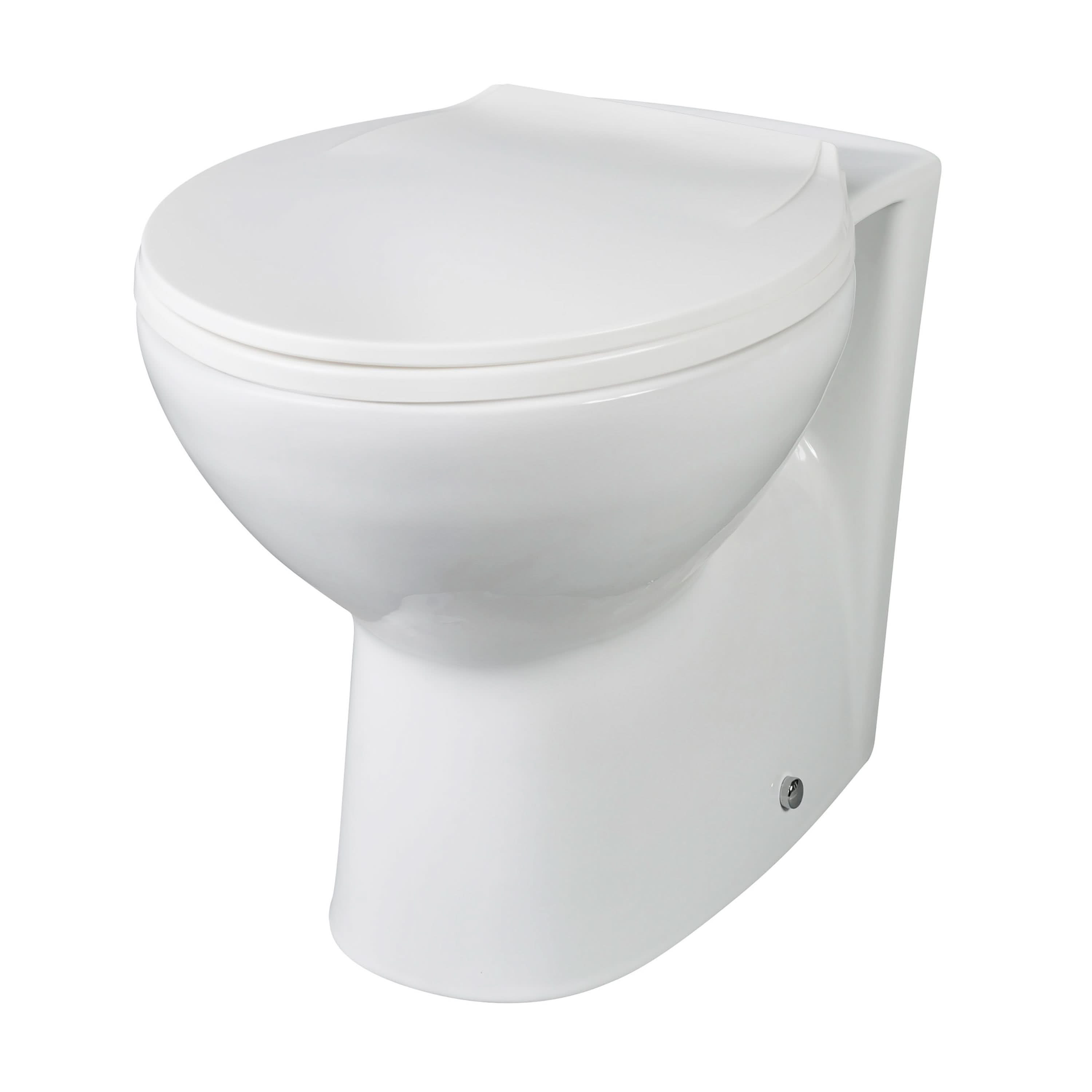 The Nuie Melbourne Back To Wall Toilet in white by Nuie features a modern, minimalist design with a closed lid, crafted from vitreous china and displayed against a plain white background.
