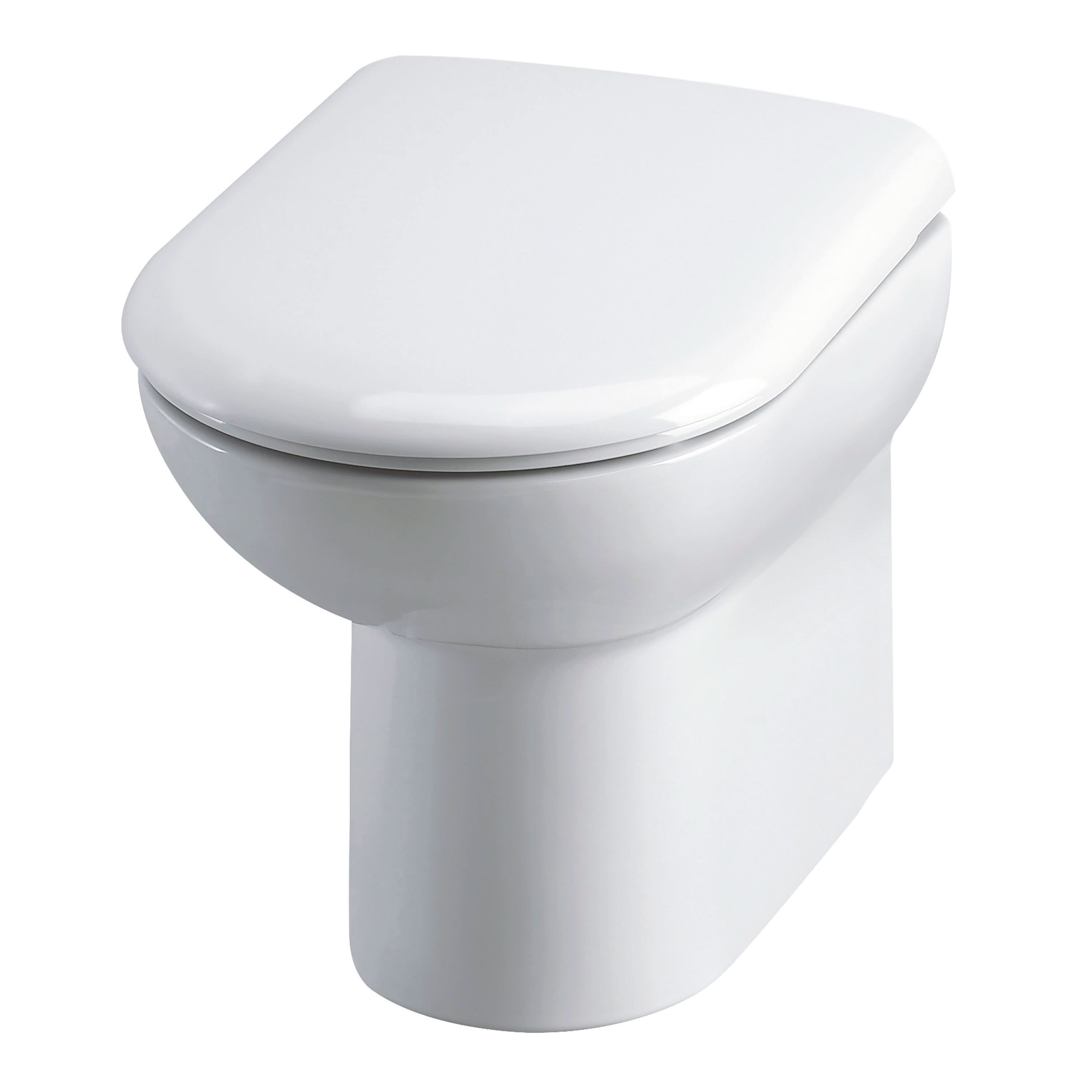 The Nuie Lawton Back To Wall Toilet in white by Nuie is crafted from durable Vitreous China and shown with a closed lid against a plain white background.