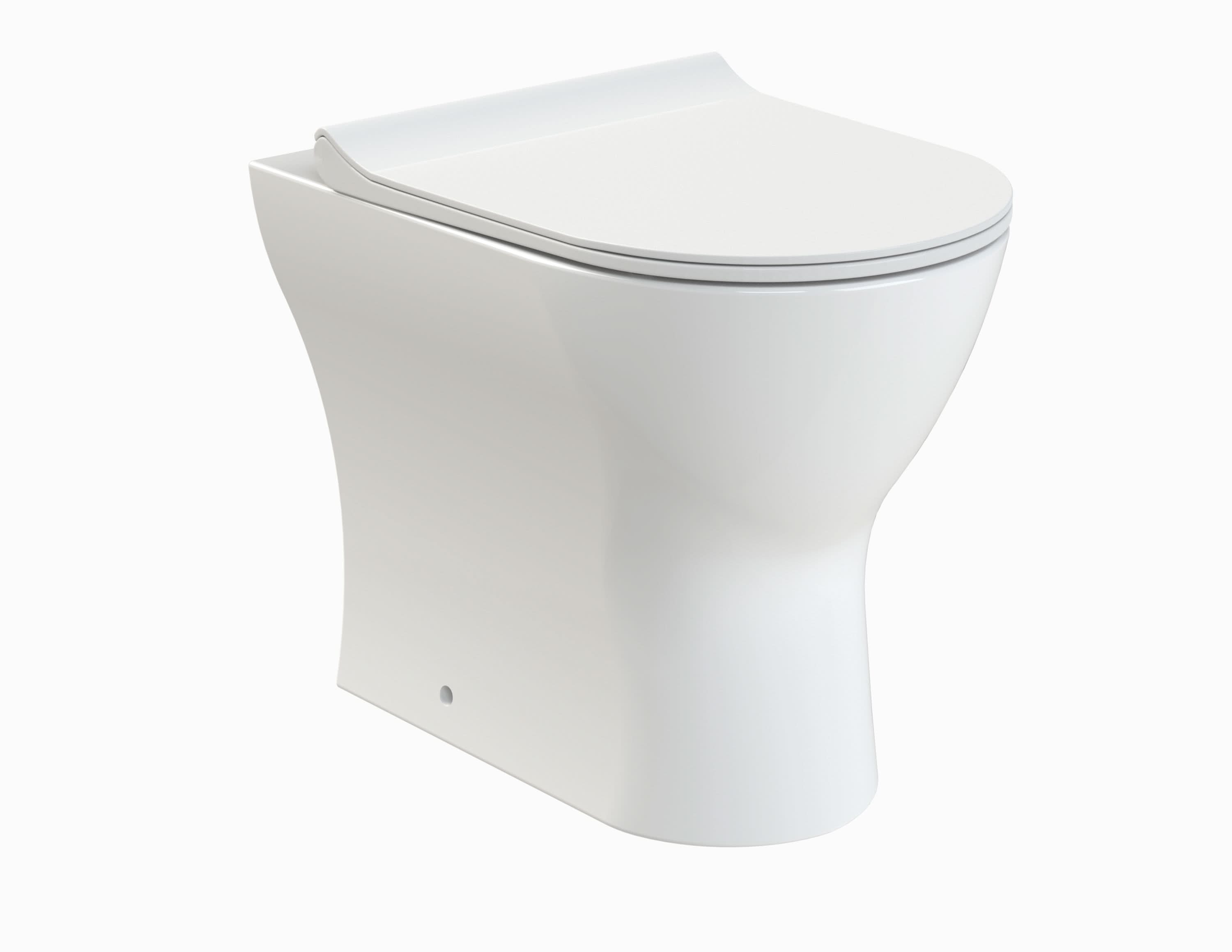 The Nuie Freya Rimless Back to Wall Toilet With Soft Close Seat in white by Nuie, featuring a sleek, minimalist design with rounded edges and closed lid, is displayed alone against a plain white background.