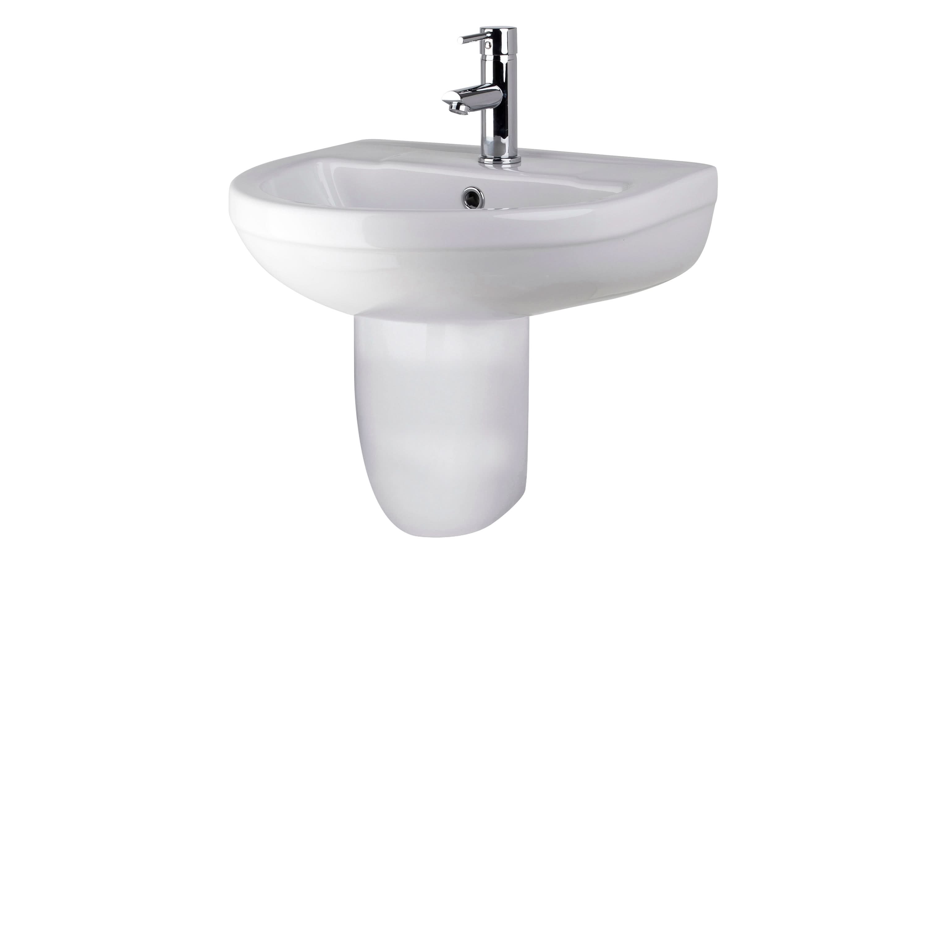 The Nuie Harmony 500mm Basin With Semi Pedestal in white by Nuie is wall-mounted against a plain background, featuring a 1 tap hole and sleek, modern design.