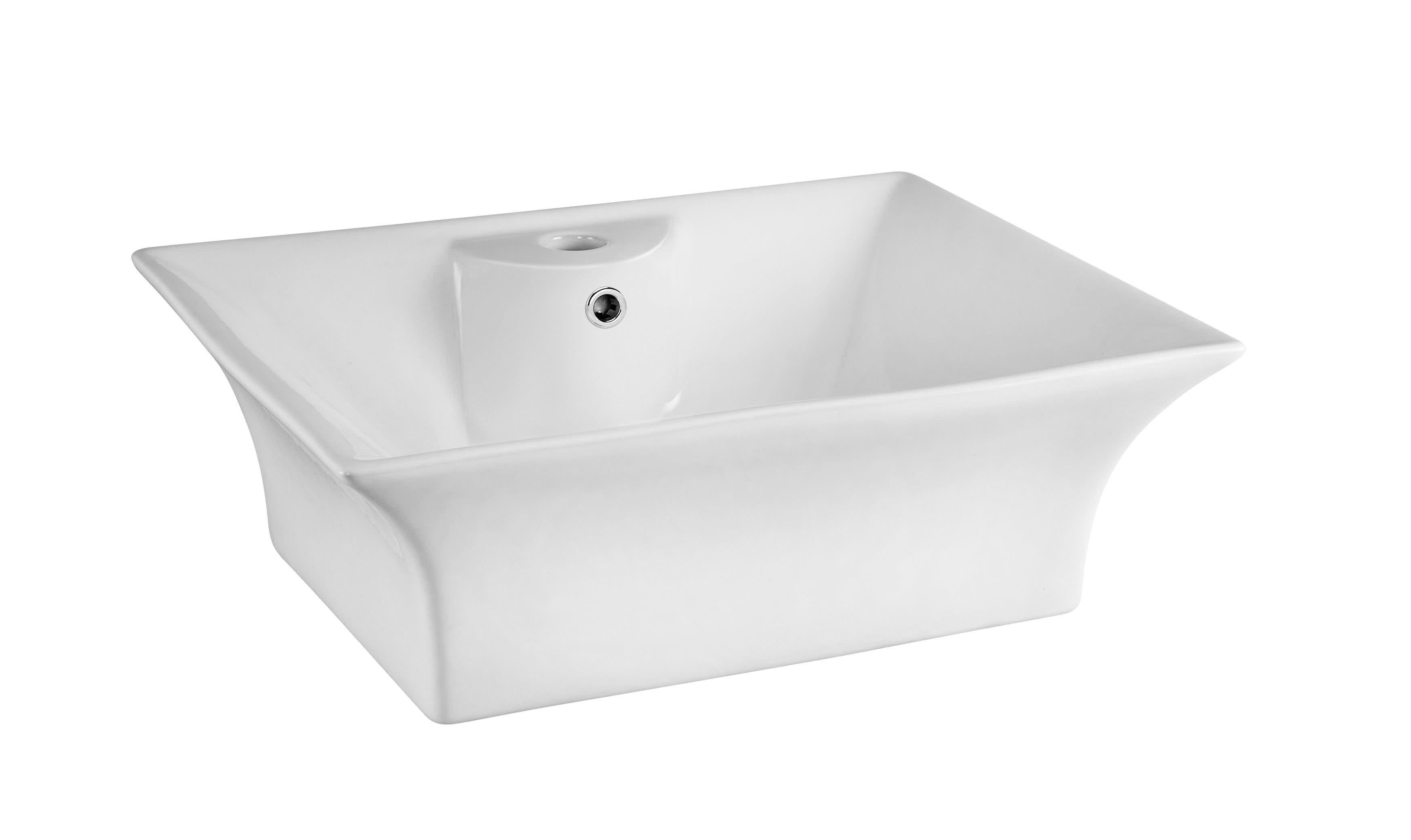 The Nuie 480mm Sit-On Countertop Basin – 1 TH in white features a rectangular design with flared edges, made from vitreous china, and is shown isolated on a white background.