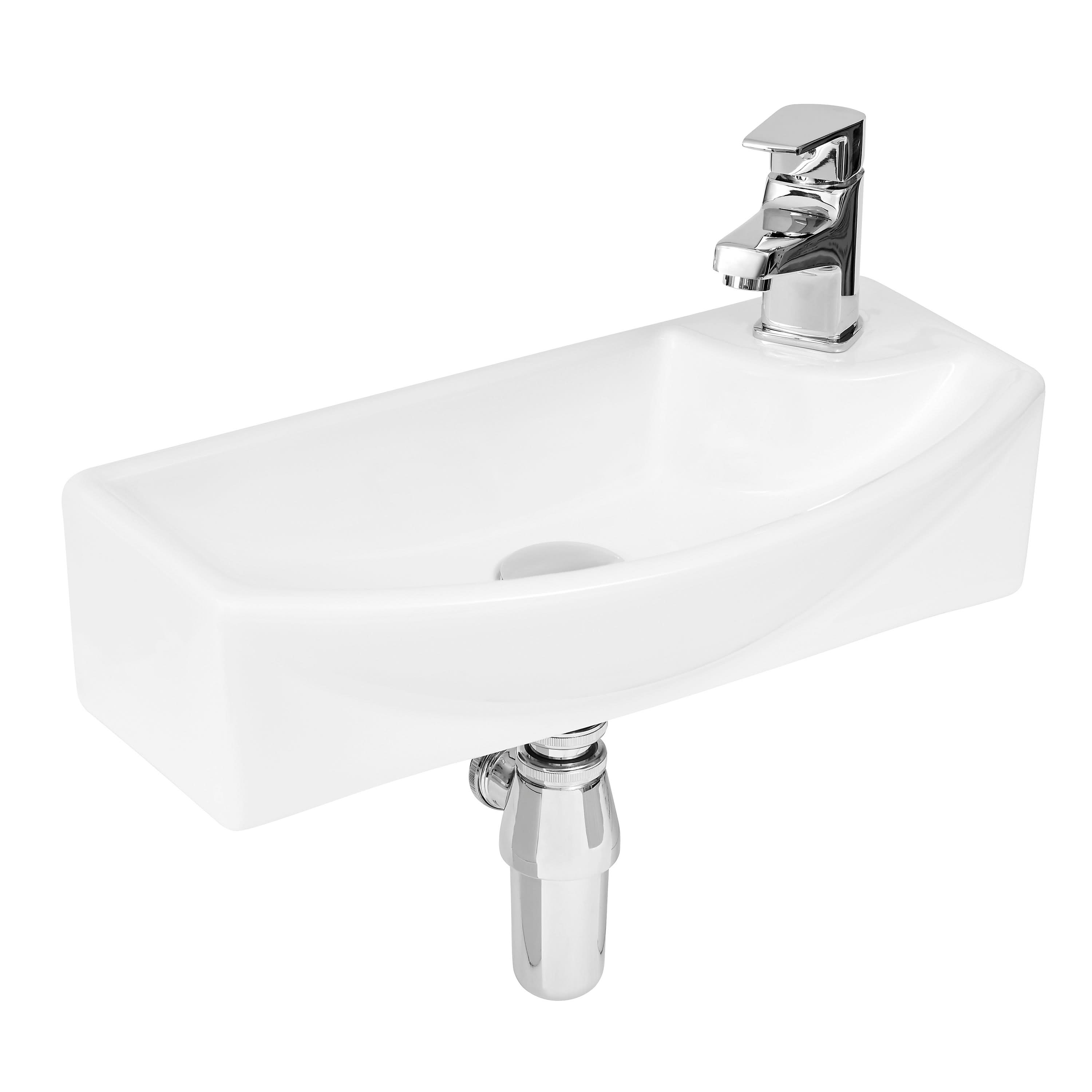 Nuie Juno Compact Curved Ceramic Basin Left Hand 1 Tap Hole, Small Wall Hung Ceramic Wash Basin, Modern Bathroom Sink, White