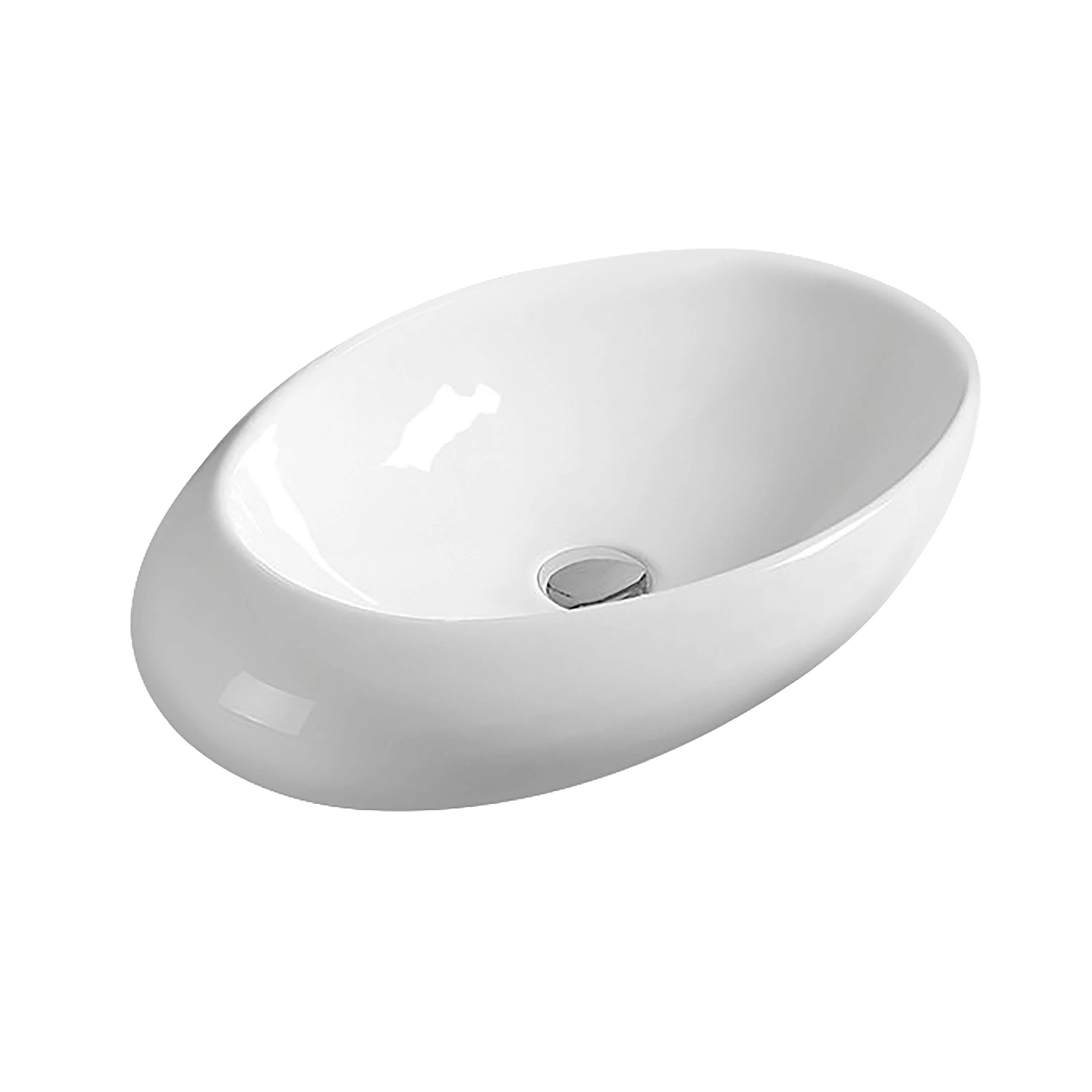 The Nuie 490mm Sit-On Countertop Basin in white features a modern oval design with a smooth, glossy vitreous china finish. This countertop basin has no tap holes and includes a central silver drain plug.