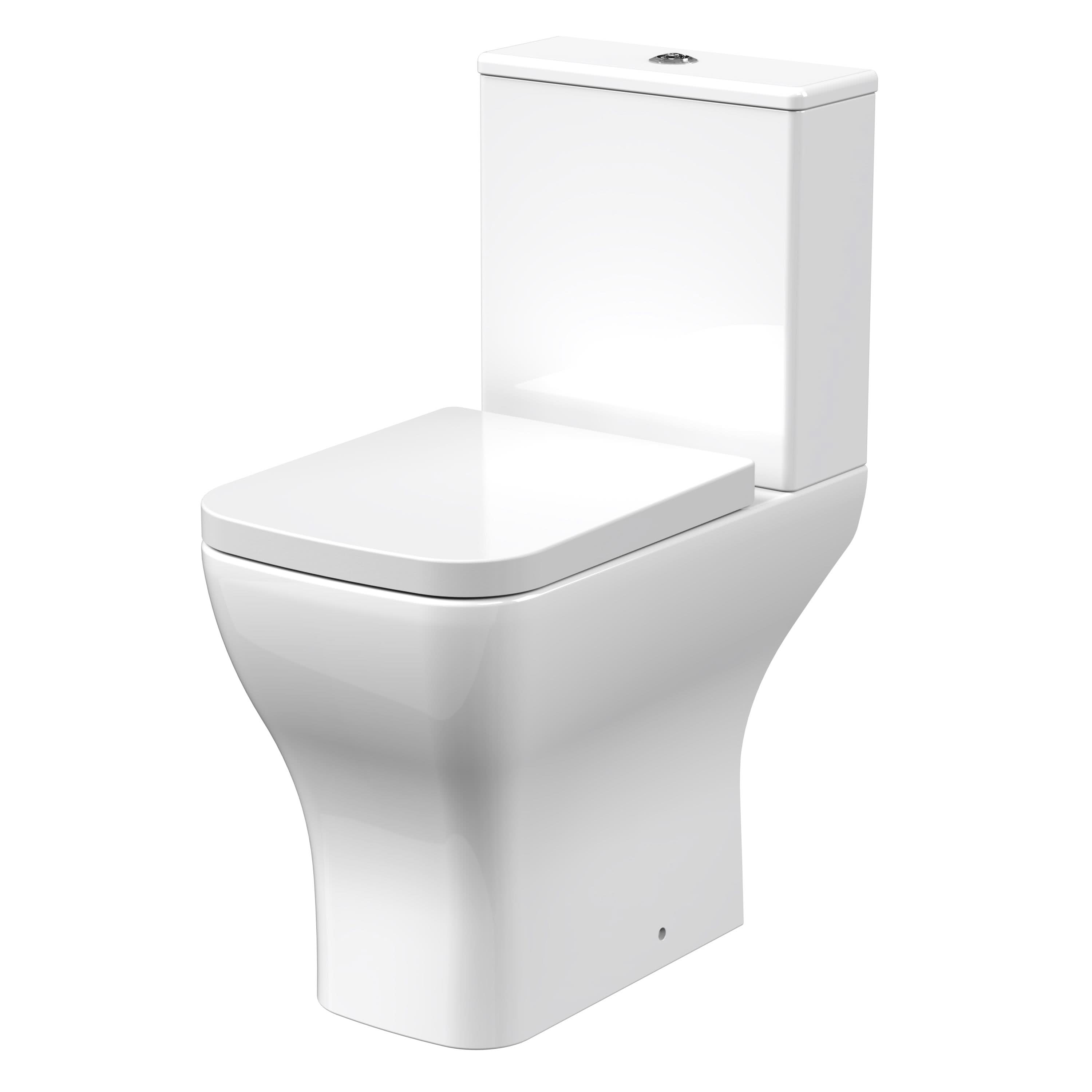 The Nuie Ava Comfort Height Rimless Close Coupled Toilet in white, by Nuie, features a rectangular tank, flat lid, push button cistern, and soft close seat, shown from a slight angle on a plain white background.