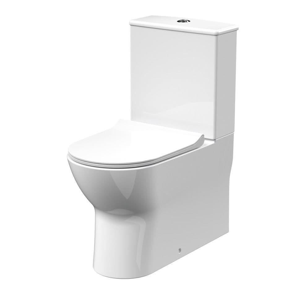 The Nuie Freya Rimless Flush to Wall Close Coupled Toilet in white features a rectangular tank, dual-flush top button, and a sandwich soft close seat.