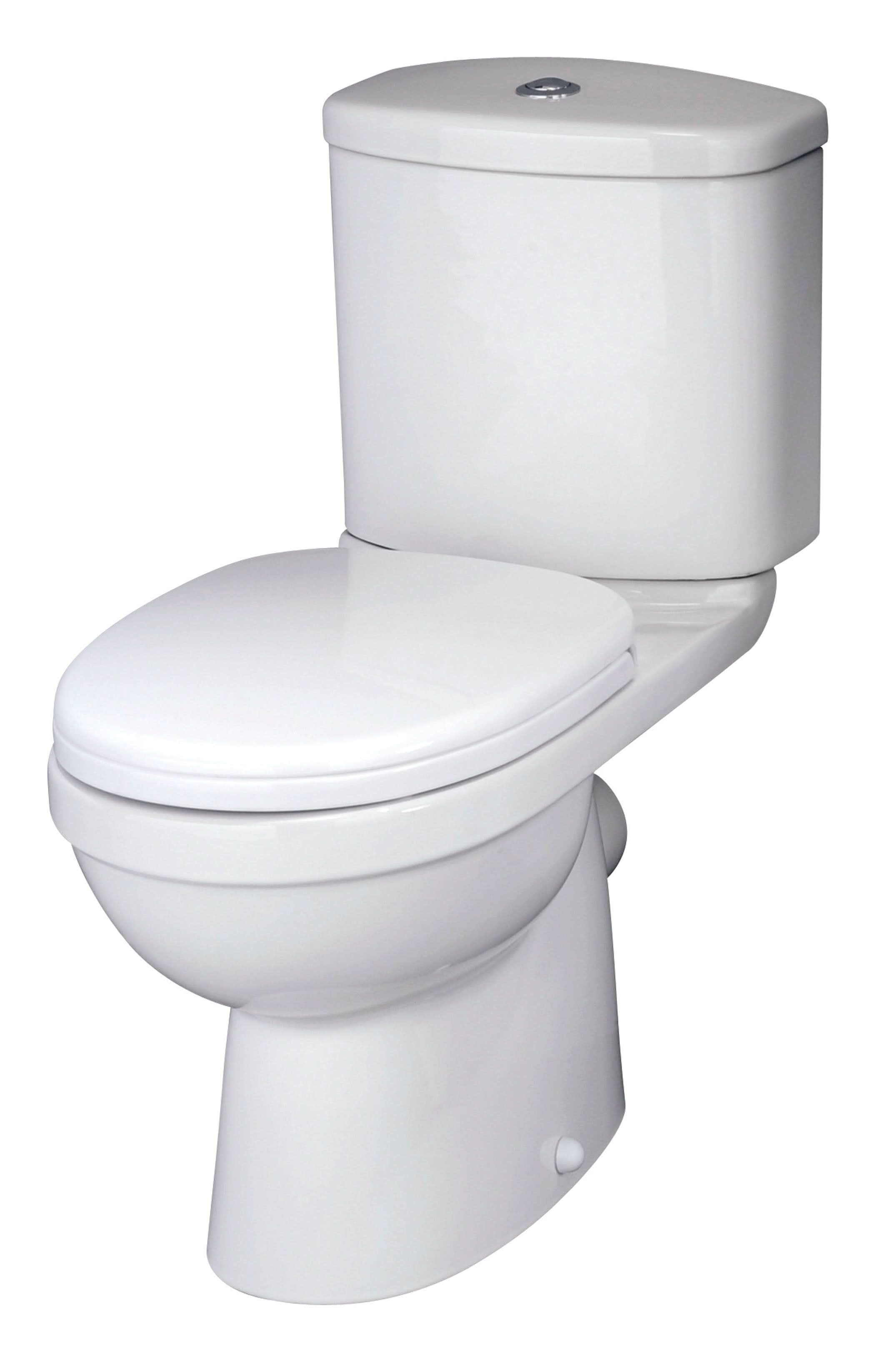 The Nuie Ivo Close Coupled Toilet in white features a modern design, a push button cistern, and a soft close seat by Nuie, set against a plain background.