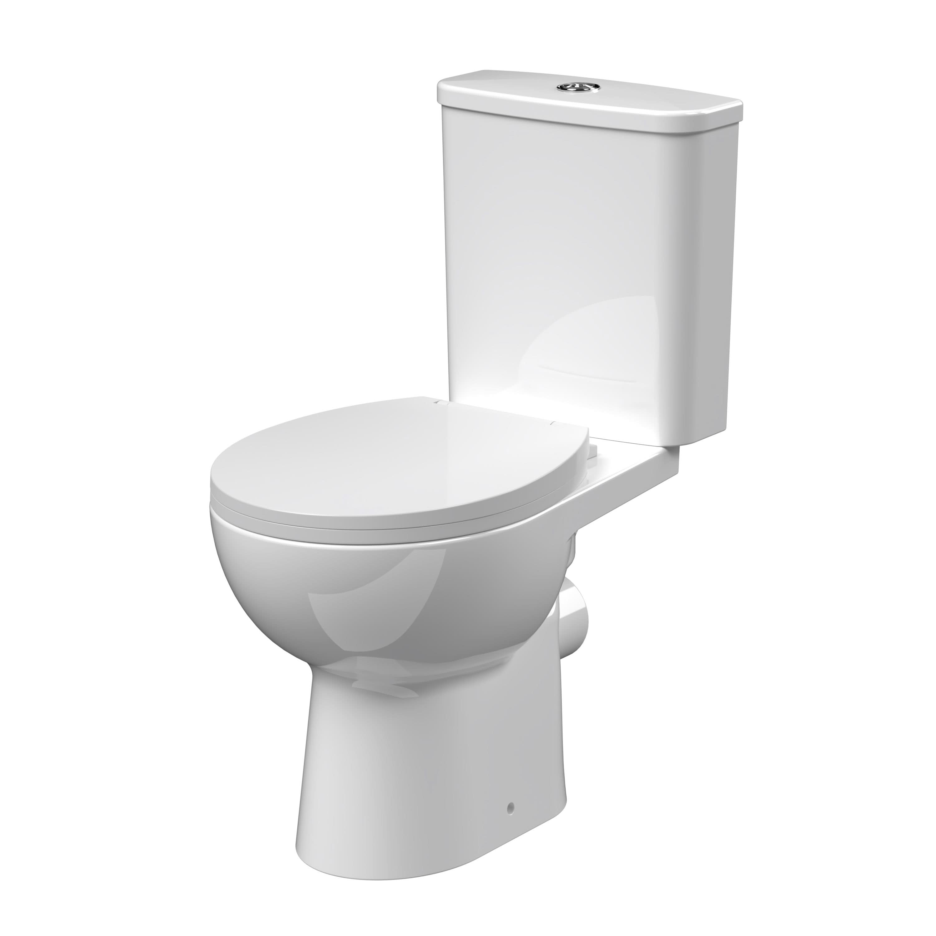Nuie Fay Rimless Pan and Cistern Pack Close Coupled Toilet, Durable Soft Close Seat with Round P Trap Bowl for Modern Bathrooms in Premium White Finish