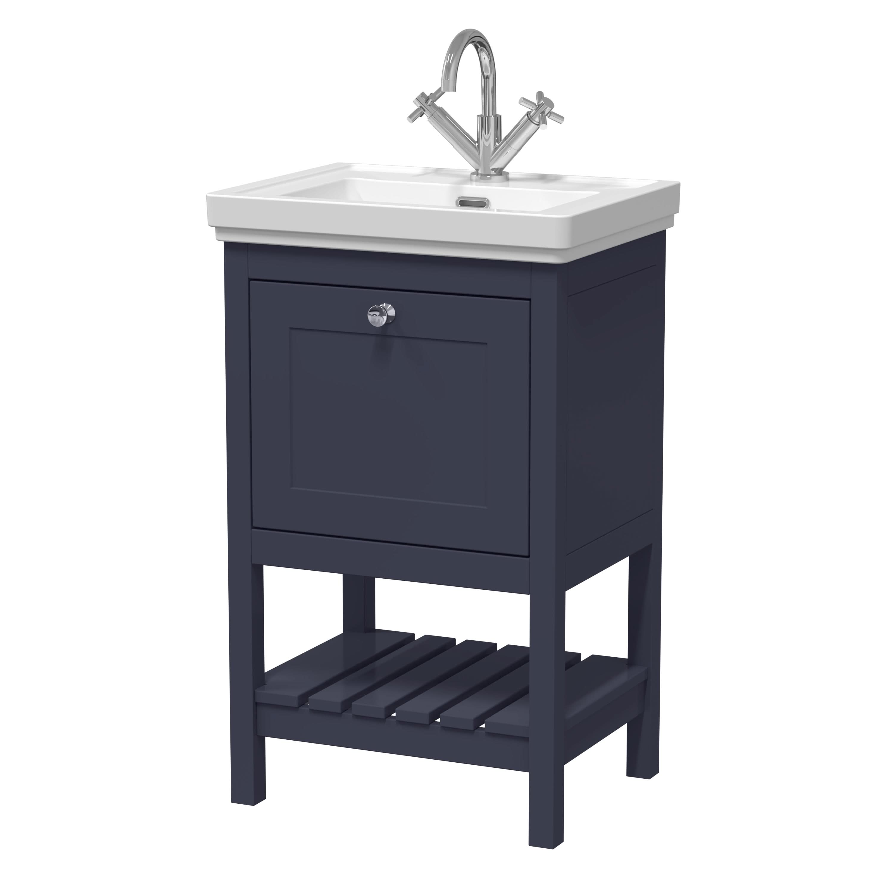 Old London Bexley Floor Standing 1 Drawer Vanity & 1 Tap Hole Fireclay Basin, Stylish Vanity Unit with Basin, Indigo Blue, 500mm