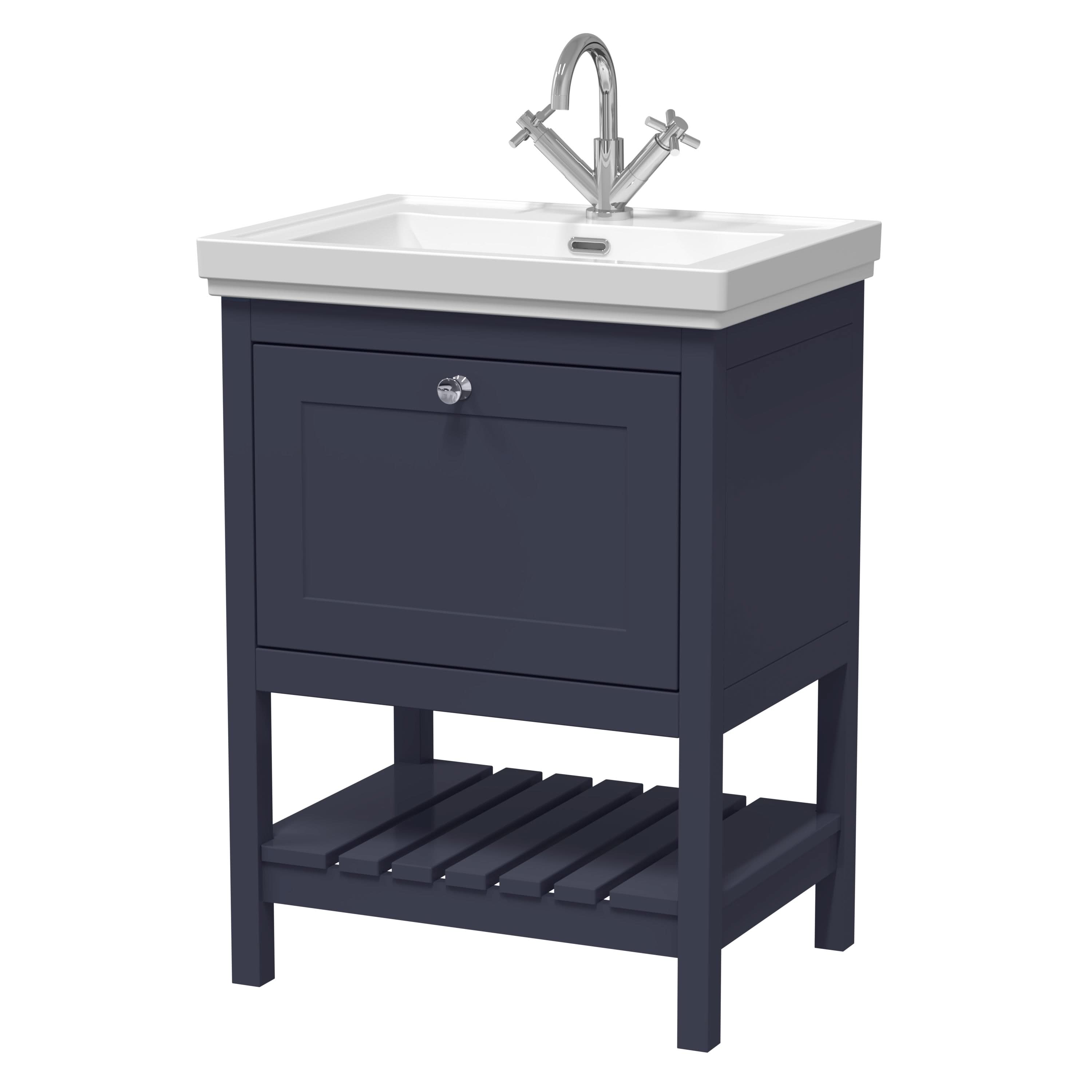 Old London Bexley Floor Standing 1 Drawer Vanity & 1 Tap Hole Fireclay Basin, Stylish Vanity Unit with Basin, Indigo Blue, 600mm