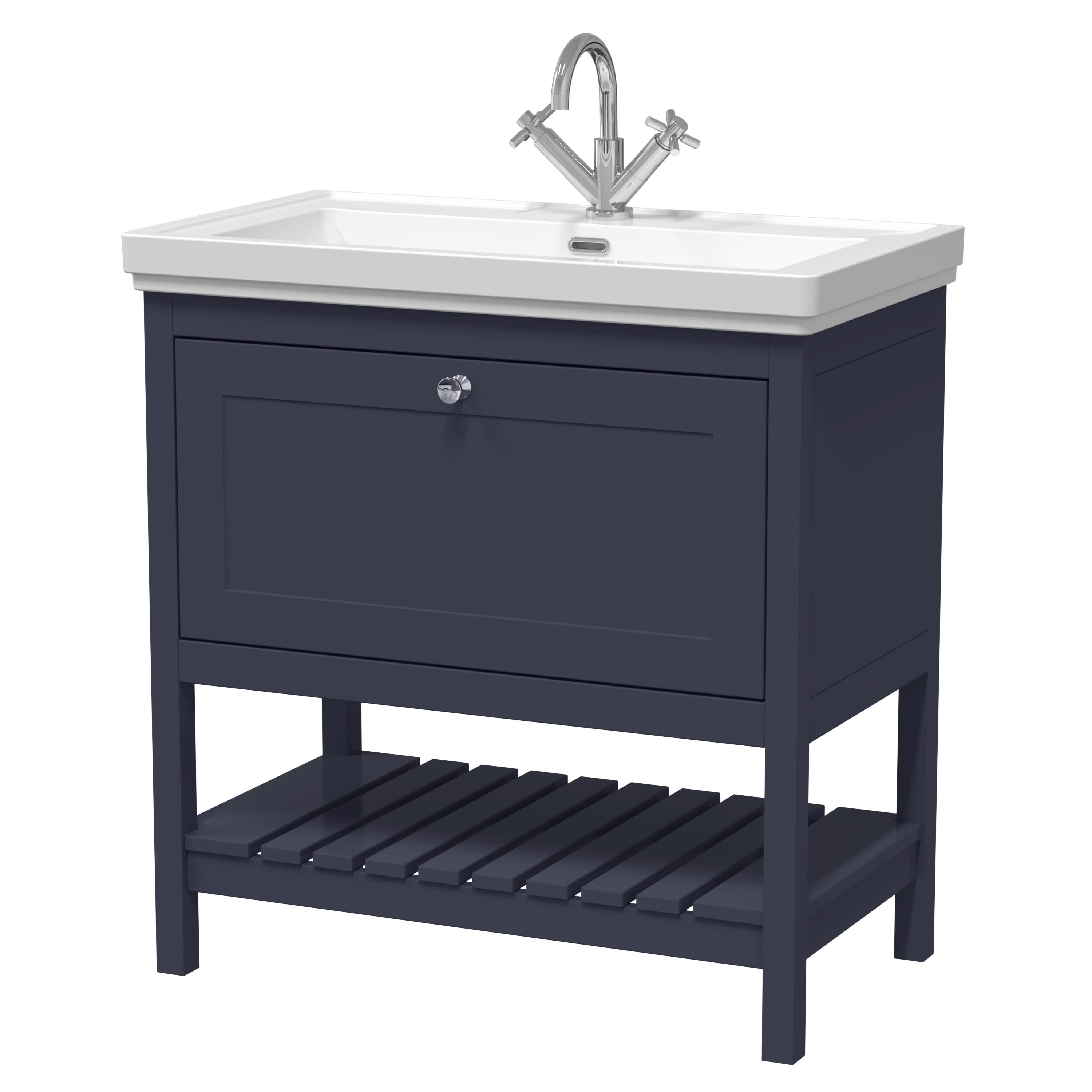 Old London Bexley Floor Standing 1 Drawer Vanity & 1 Tap Hole Fireclay Basin, Stylish Vanity Unit with Basin, Indigo Blue, 800mm