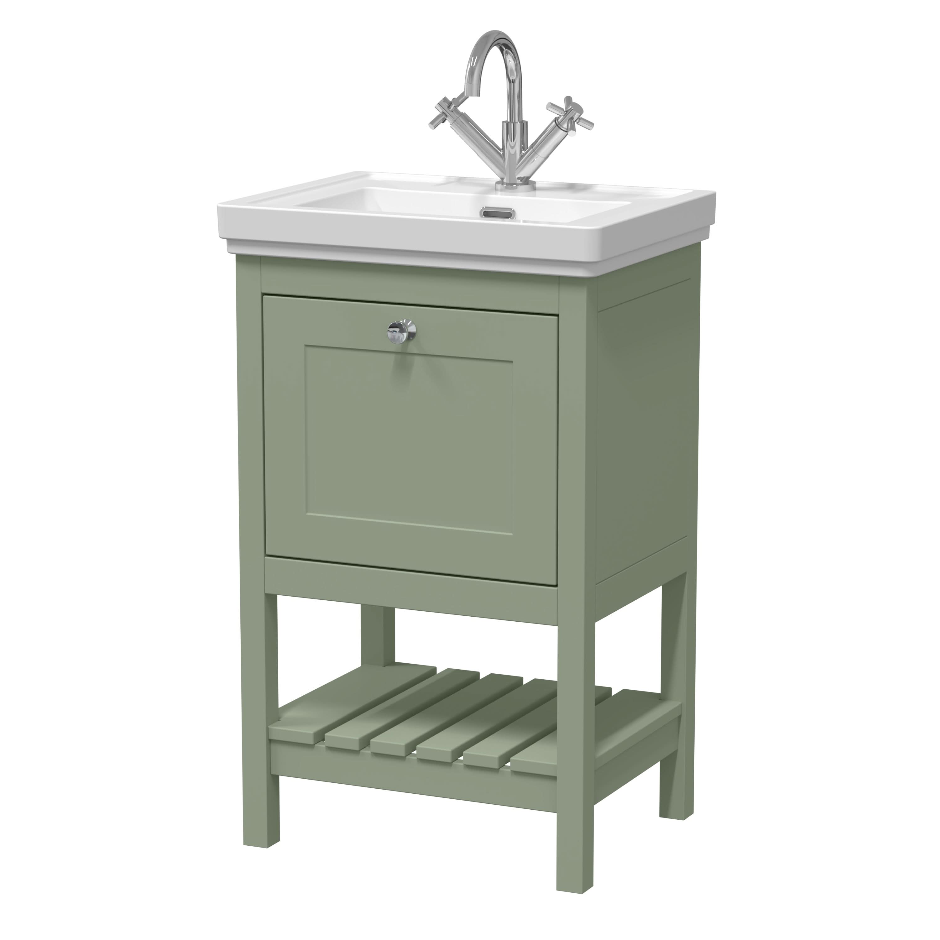Old London Bexley Floor Standing 1 Drawer Vanity & 1 Tap Hole Fireclay Basin, Stylish Vanity Unit with Basin, Fern Green, 500mm