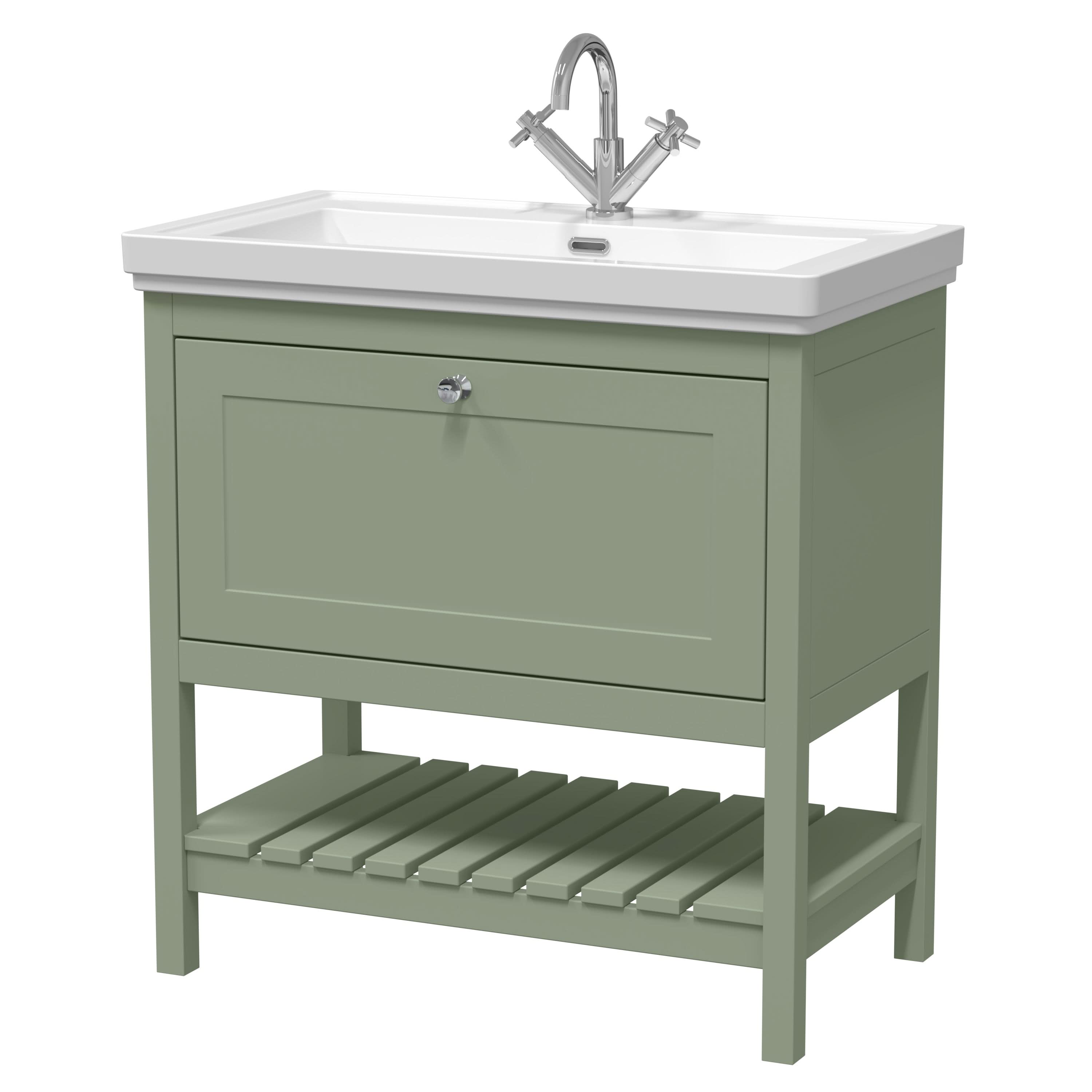 Old London Bexley Floor Standing 1 Drawer Vanity & 1 Tap Hole Fireclay Basin, Stylish Vanity Unit with Basin, Fern Green, 800mm
