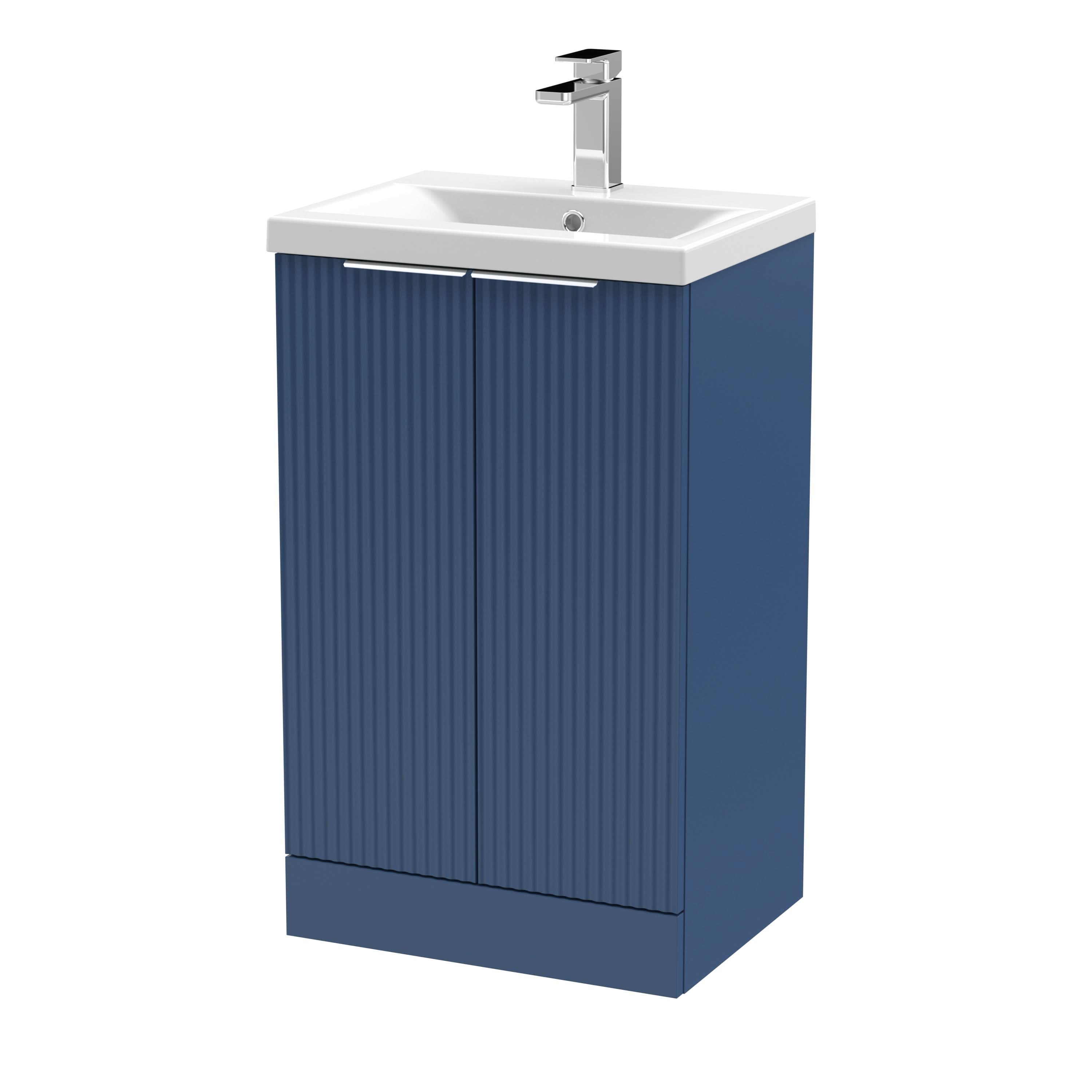 Hudson Reed Fluted Floor Standing 2-Door Vanity and Mid-Edge Basin, Contemporary Sink Vanity Unit, Satin Blue, 500mm