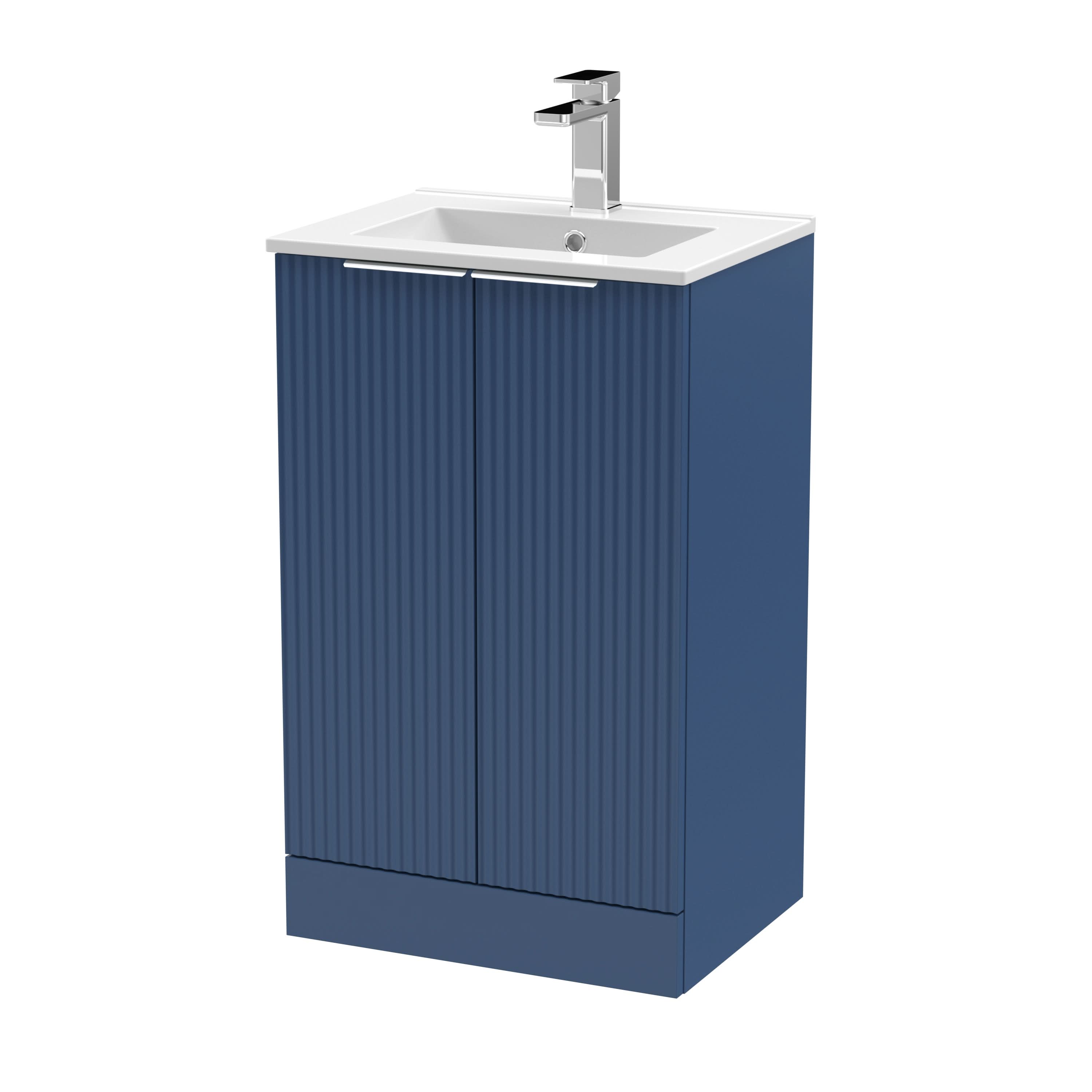 Hudson Reed Fluted Floor Standing 2-Door Vanity and Minimalist Basin, Contemporary Sink Vanity Unit, Satin Blue, 500mm
