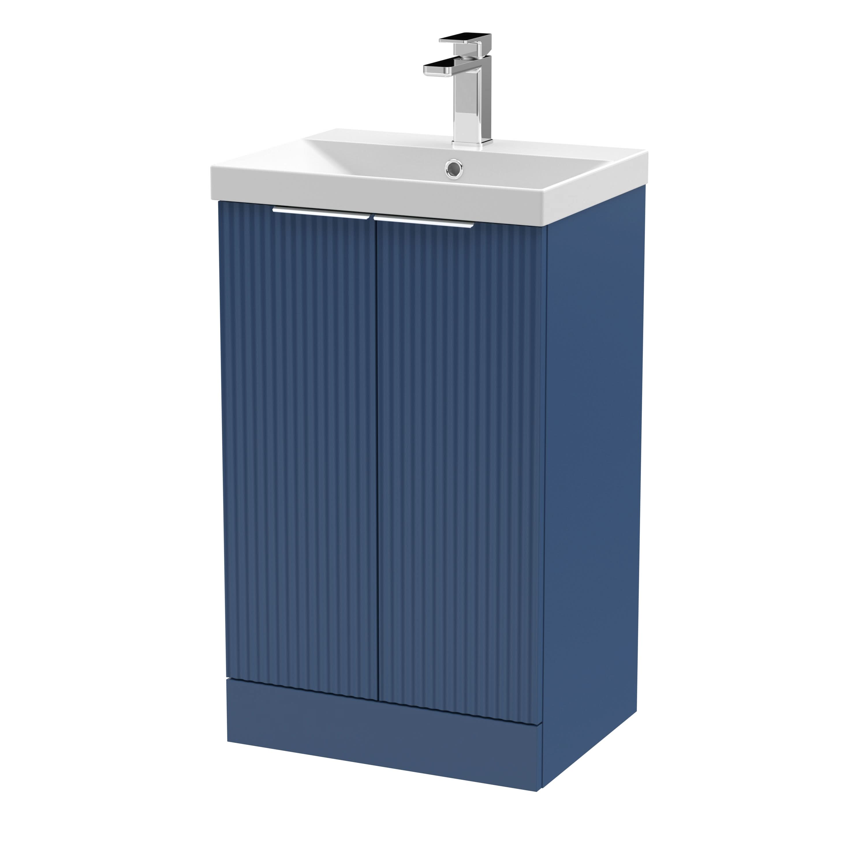 Hudson Reed Fluted Floor Standing 2-Door Vanity and Thin-Edge Basin, Contemporary Sink Vanity Unit, Satin Blue, 500mm