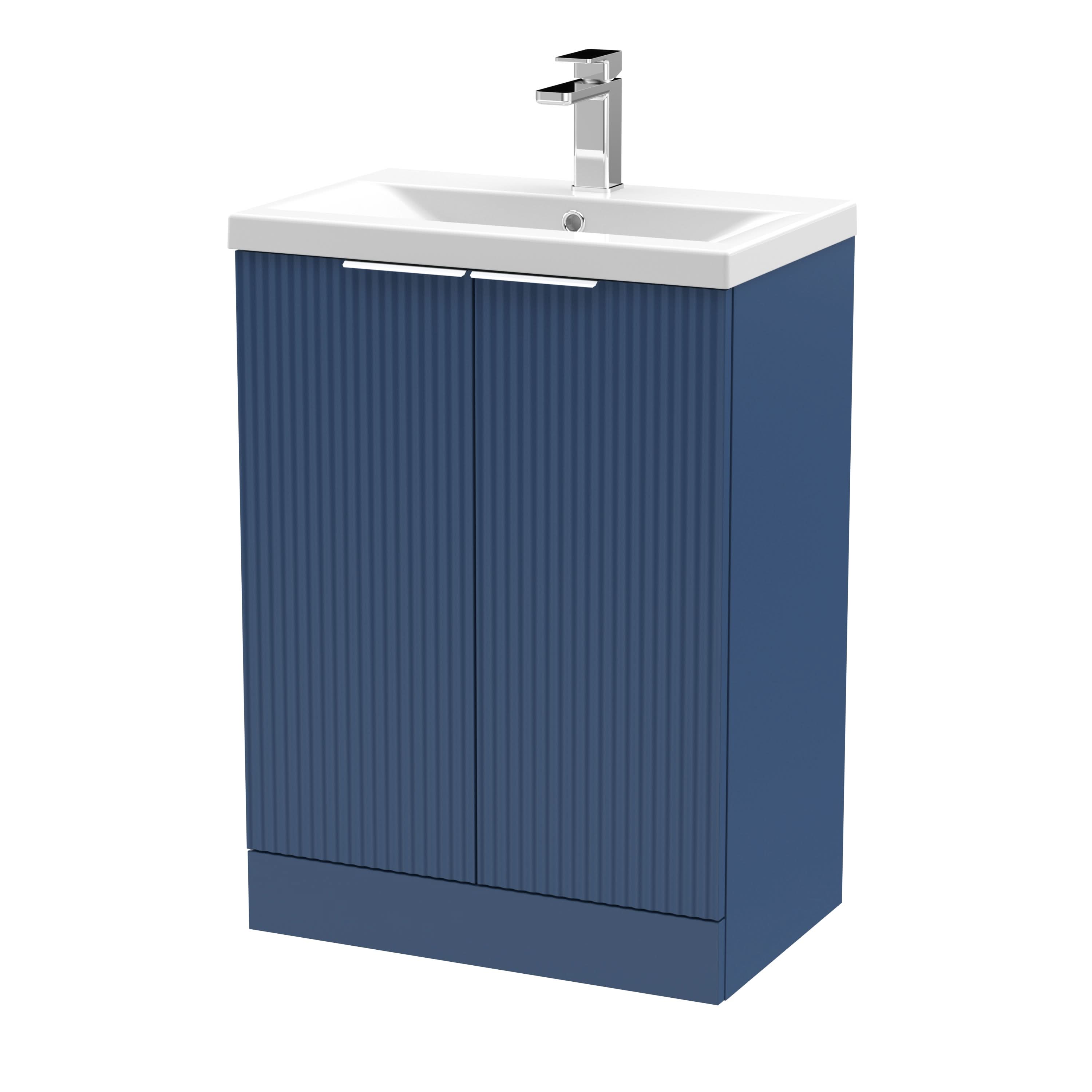 Hudson Reed Fluted Floor Standing 2-Door Vanity and Mid-Edge Basin, Contemporary Sink Vanity Unit, Satin Blue, 600mm