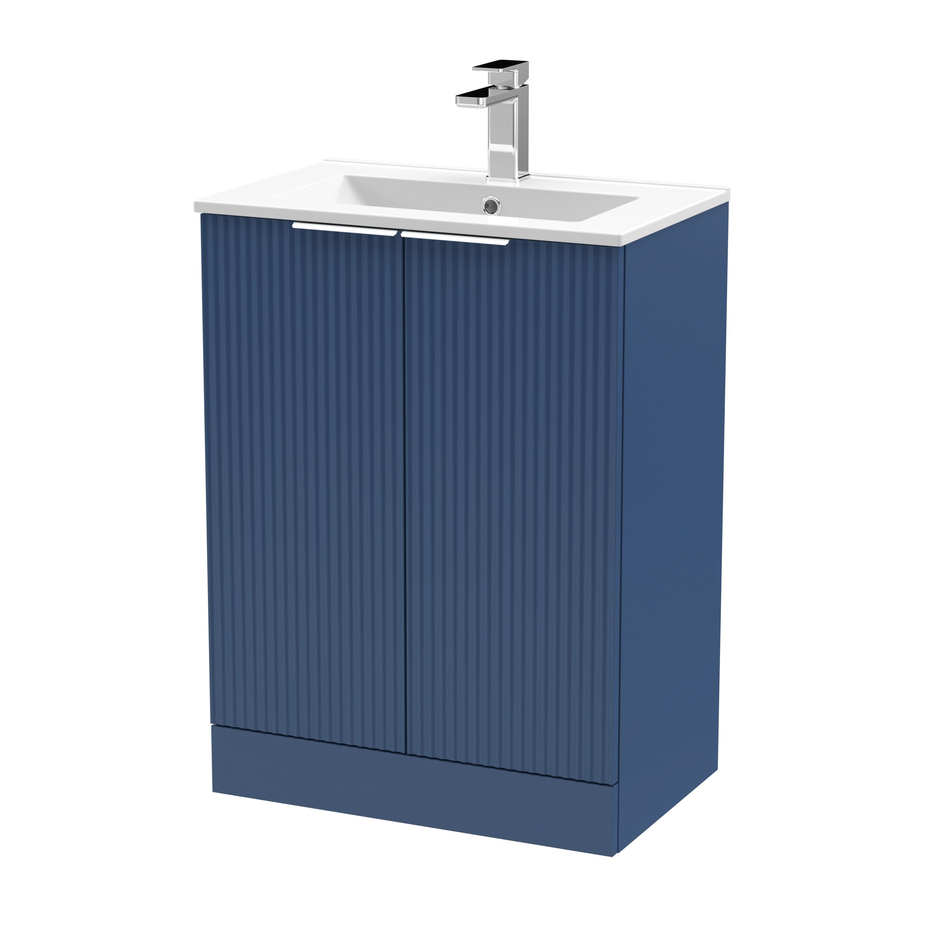 Hudson Reed Fluted Floor Standing 2-Door Vanity and Minimalist Basin, Contemporary Sink Vanity Unit, Satin Blue, 600mm