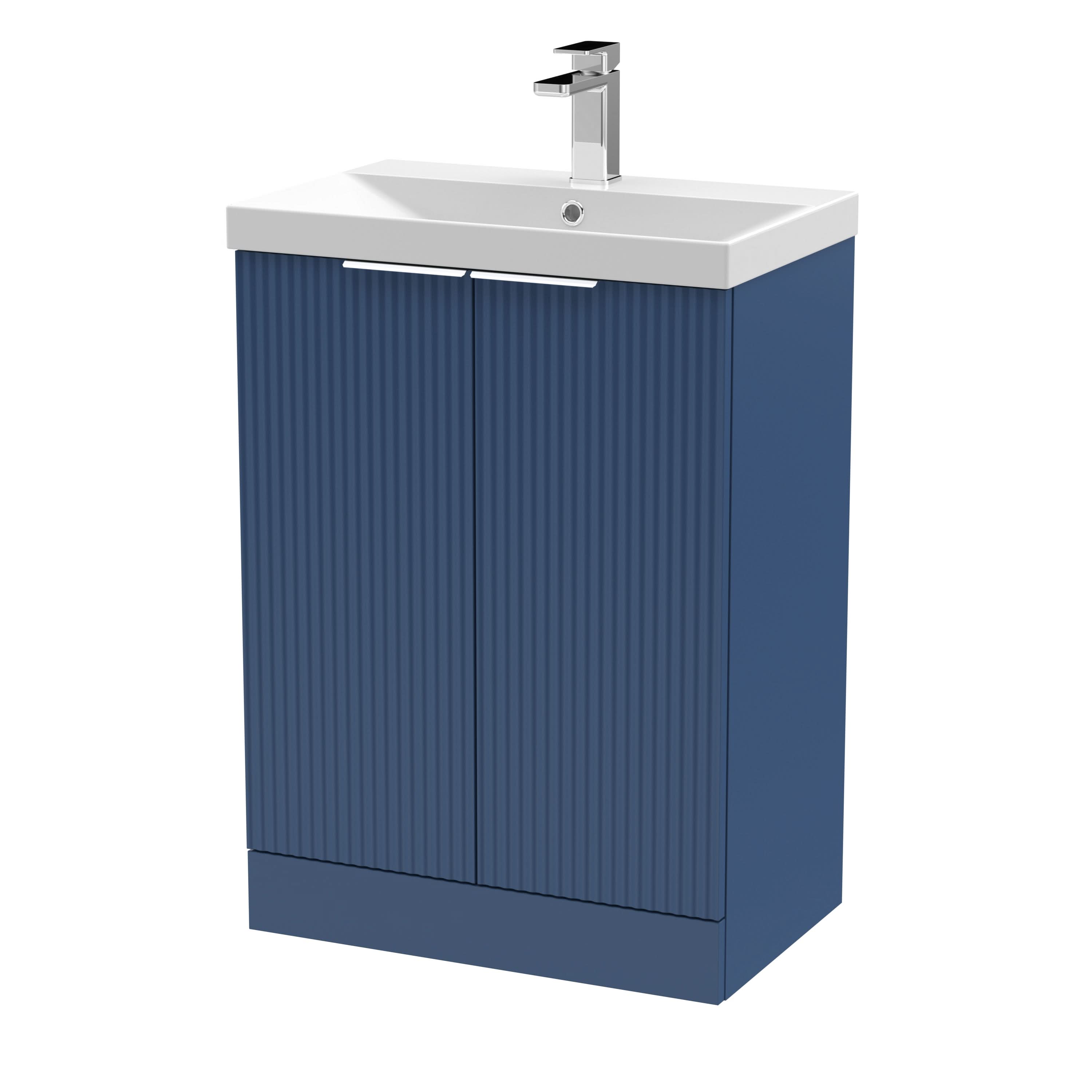 Hudson Reed Fluted Floor Standing 2-Door Vanity and Thin-Edge Basin, Contemporary Sink Vanity Unit, Satin Blue, 600mm