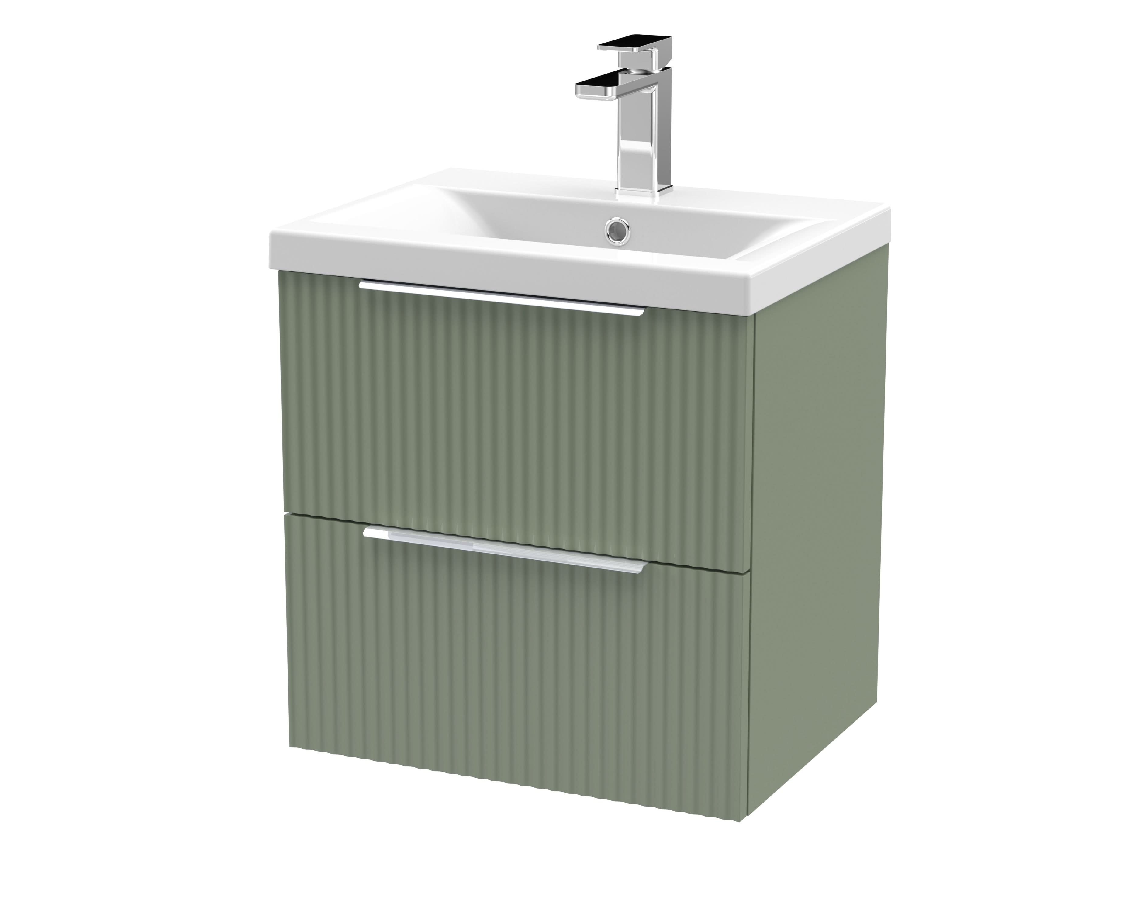 Hudson Reed Fluted Wall Hung 2-Drawer Vanity and Mid-Edge Basin, Contemporary Sink Vanity Unit, Satin Green, 500mm