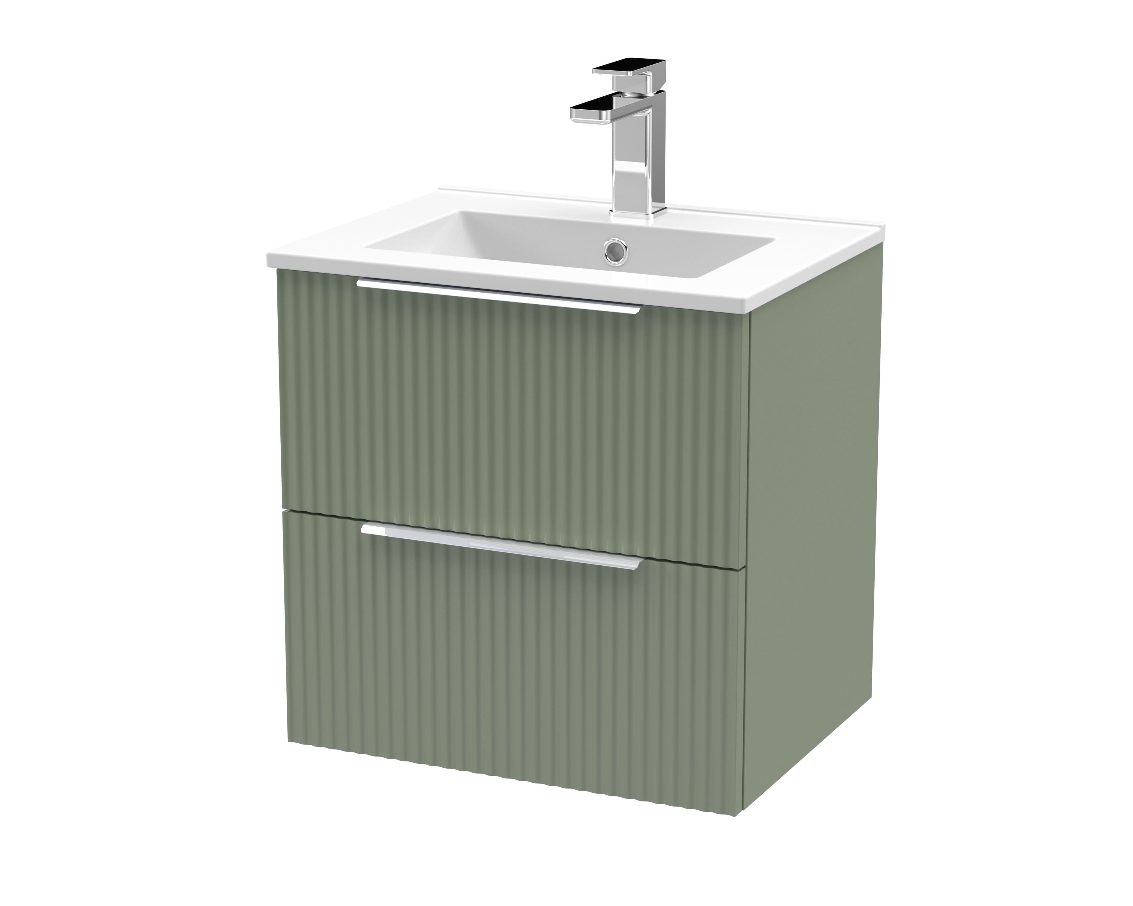 Hudson Reed Fluted Wall Hung 2-Drawer Vanity and Minimalist Basin, Contemporary Sink Vanity Unit, Satin Green, 500mm