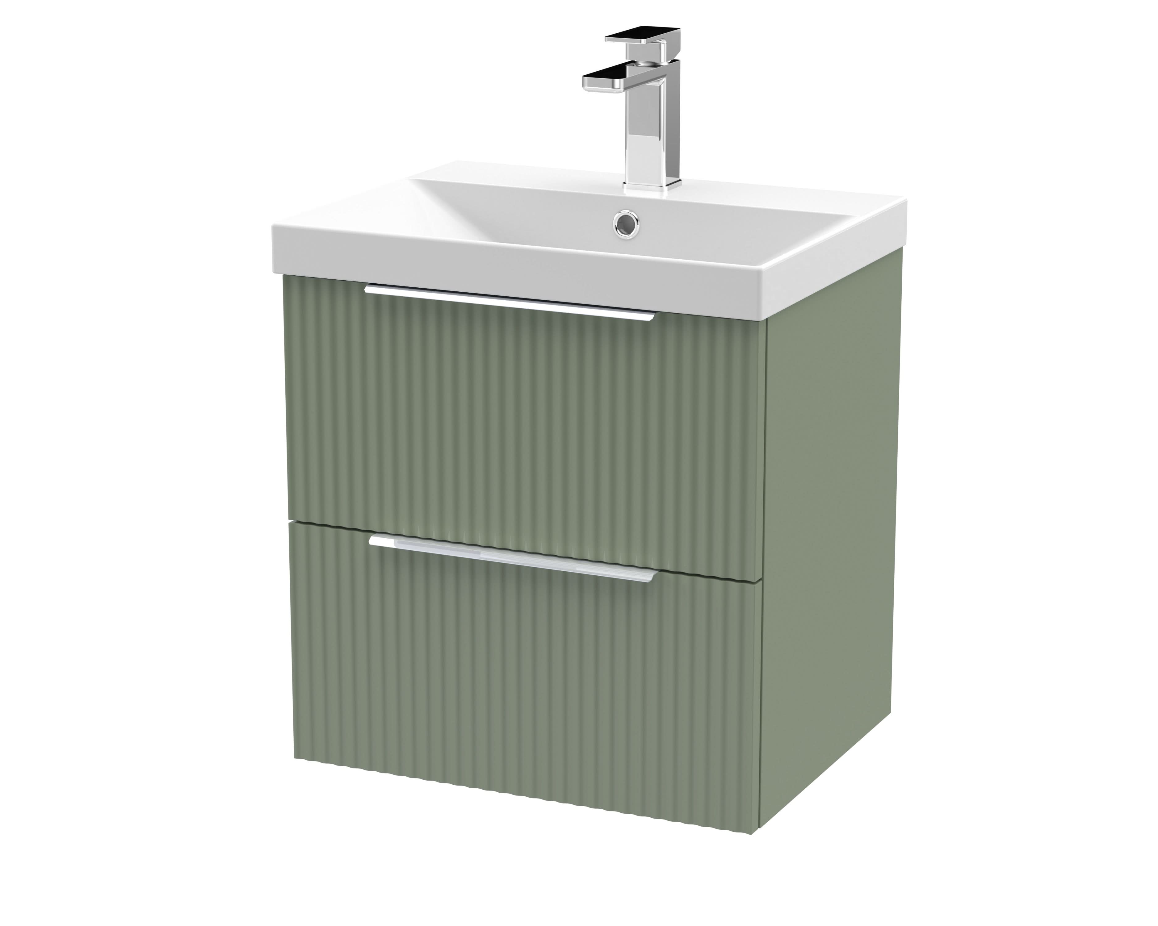 Hudson Reed Fluted Wall Hung 2-Drawer Vanity and Thin-Edge Basin, Contemporary Sink Vanity Unit, Satin Green, 500mm