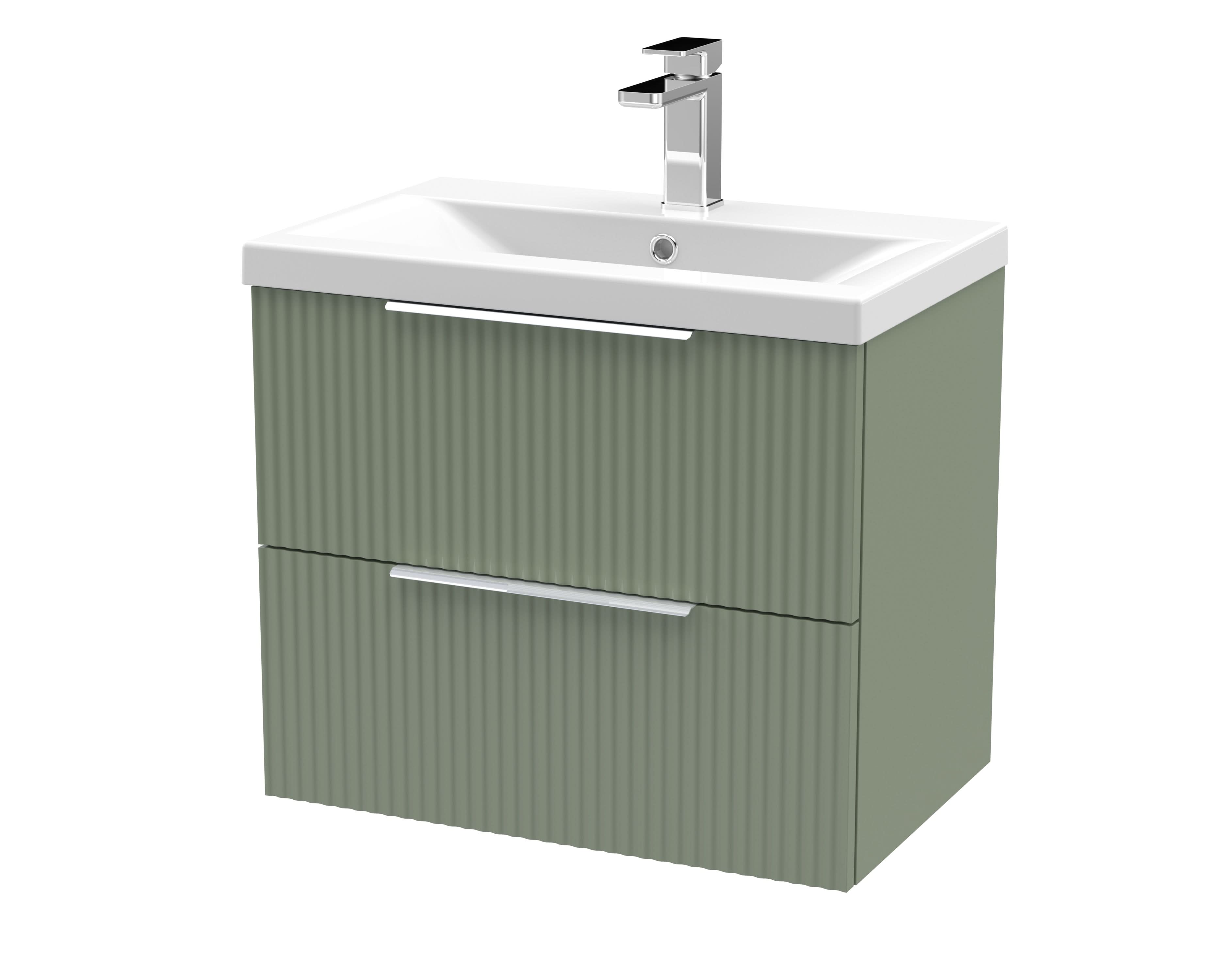 Hudson Reed Fluted Wall Hung 2-Drawer Vanity and Mid-Edge Basin, Contemporary Sink Vanity Unit, Satin Green, 600mm