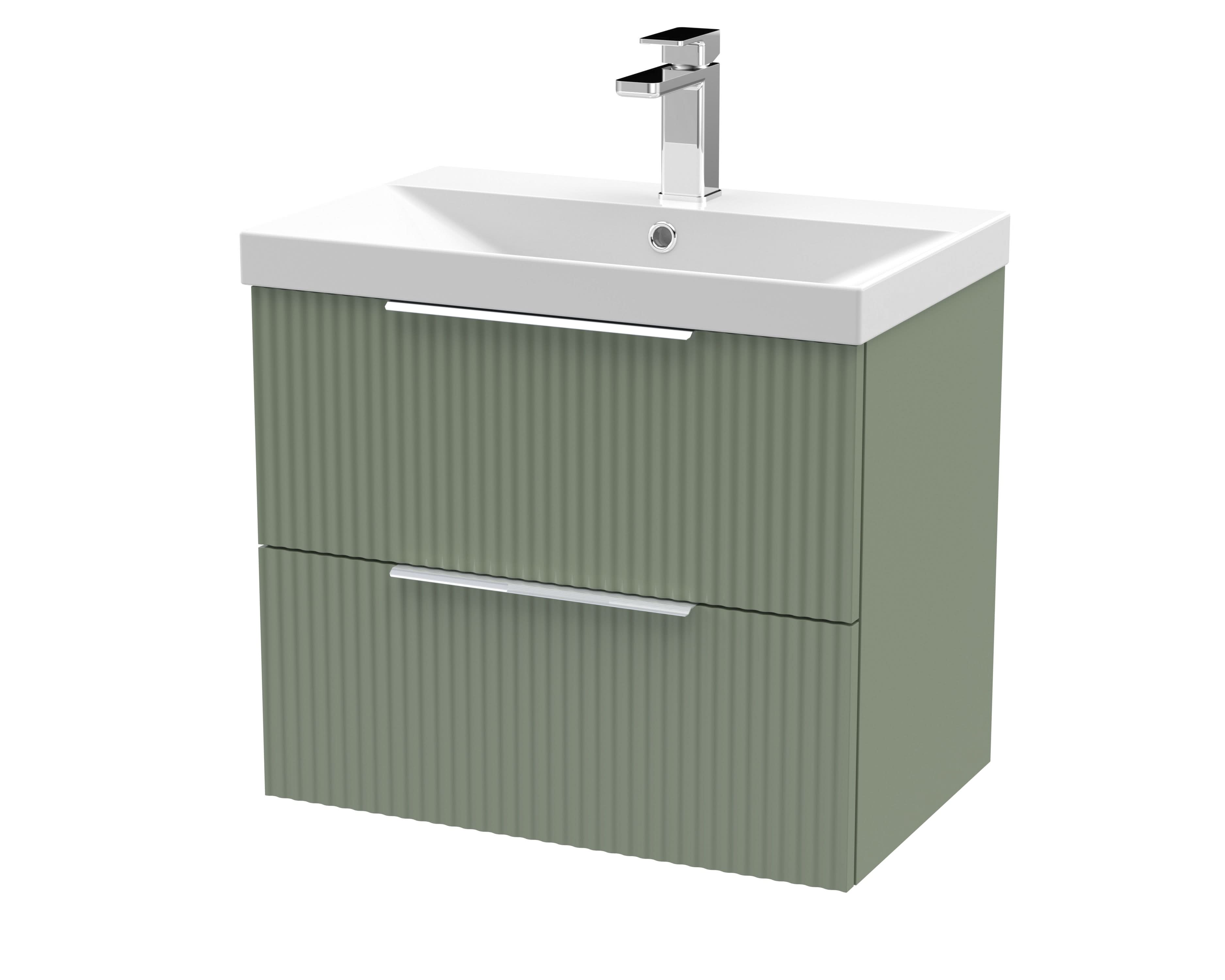 Hudson Reed Fluted Wall Hung 2-Drawer Vanity and Thin-Edge Basin, Contemporary Sink Vanity Unit, Satin Green, 600mm