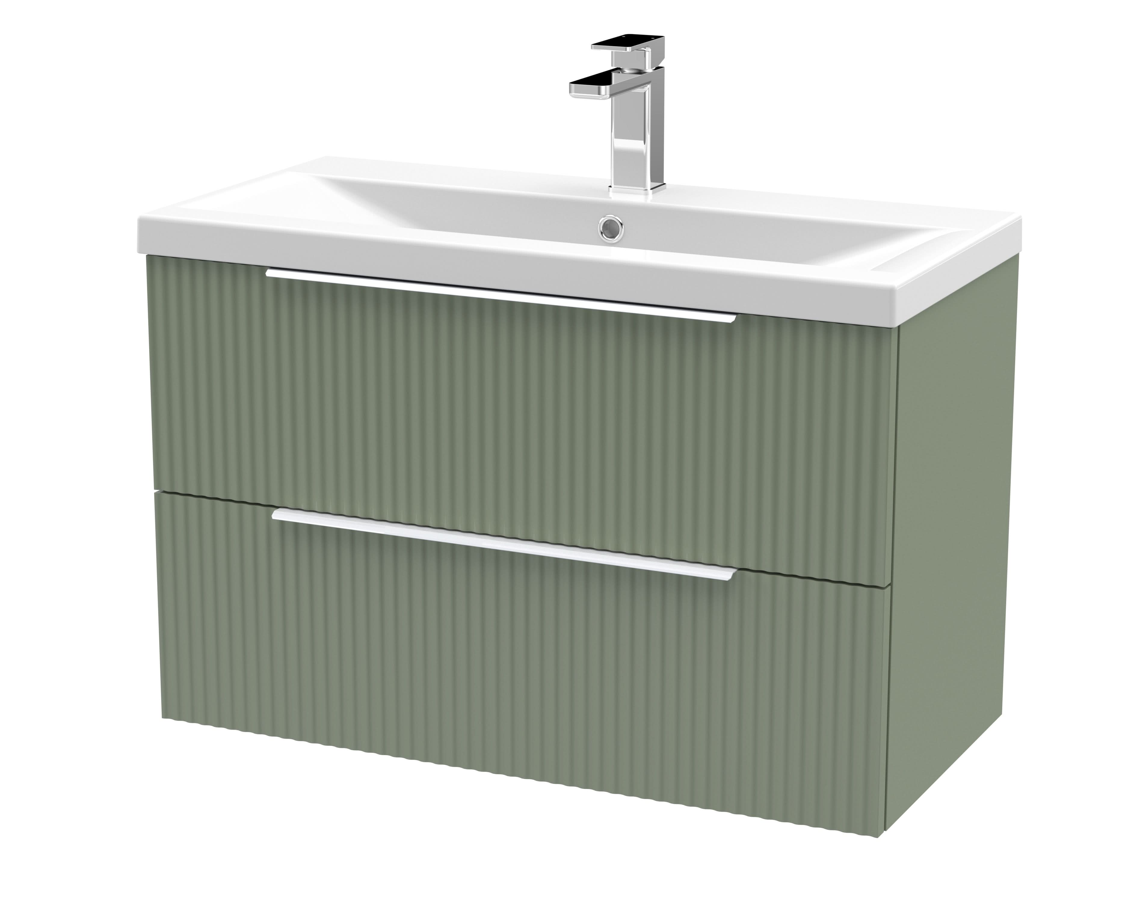 Hudson Reed Fluted Wall Hung 2-Drawer Vanity and Mid-Edge Basin, Contemporary Sink Vanity Unit, Satin Green, 800mm