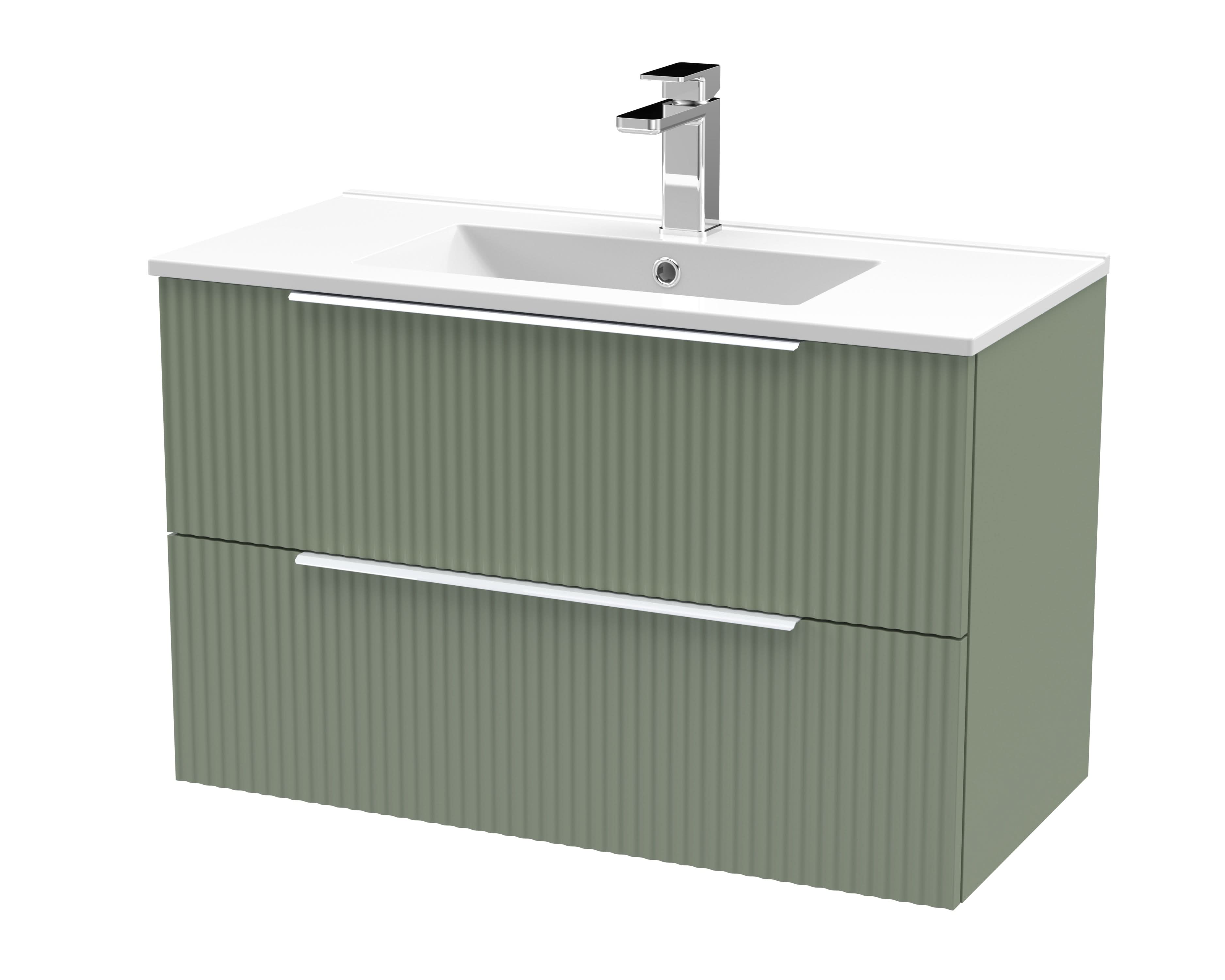 Hudson Reed Fluted Wall Hung 2-Drawer Vanity and Minimalist Basin, Contemporary Sink Vanity Unit, Satin Green, 800mm