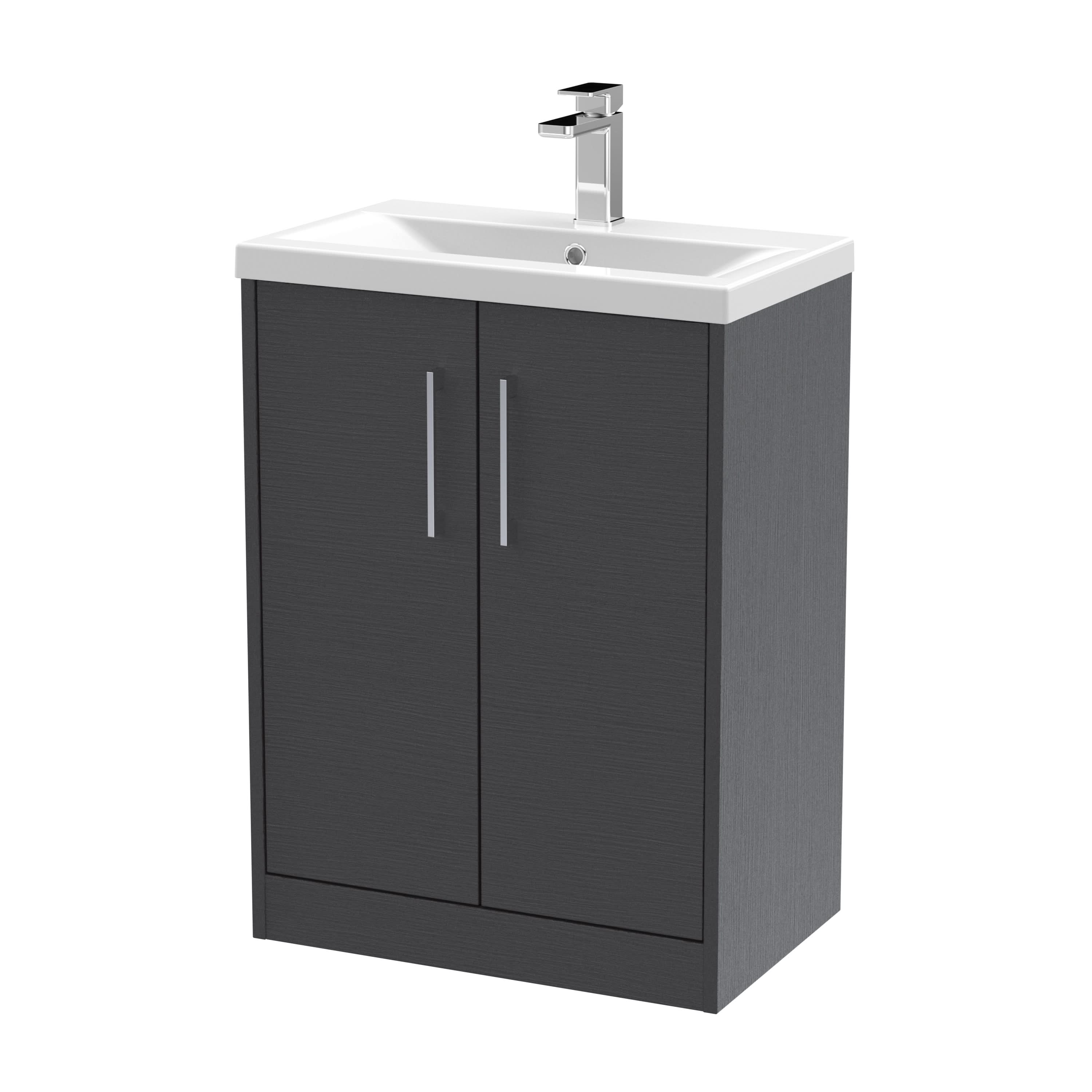 Hudson Reed Juno Floor Standing 2-Door Vanity & Mid-Edge 1 Tap Hole Basin, Elegant Sink Vanity Unit, Graphite Grey Woodgrain, 600mm