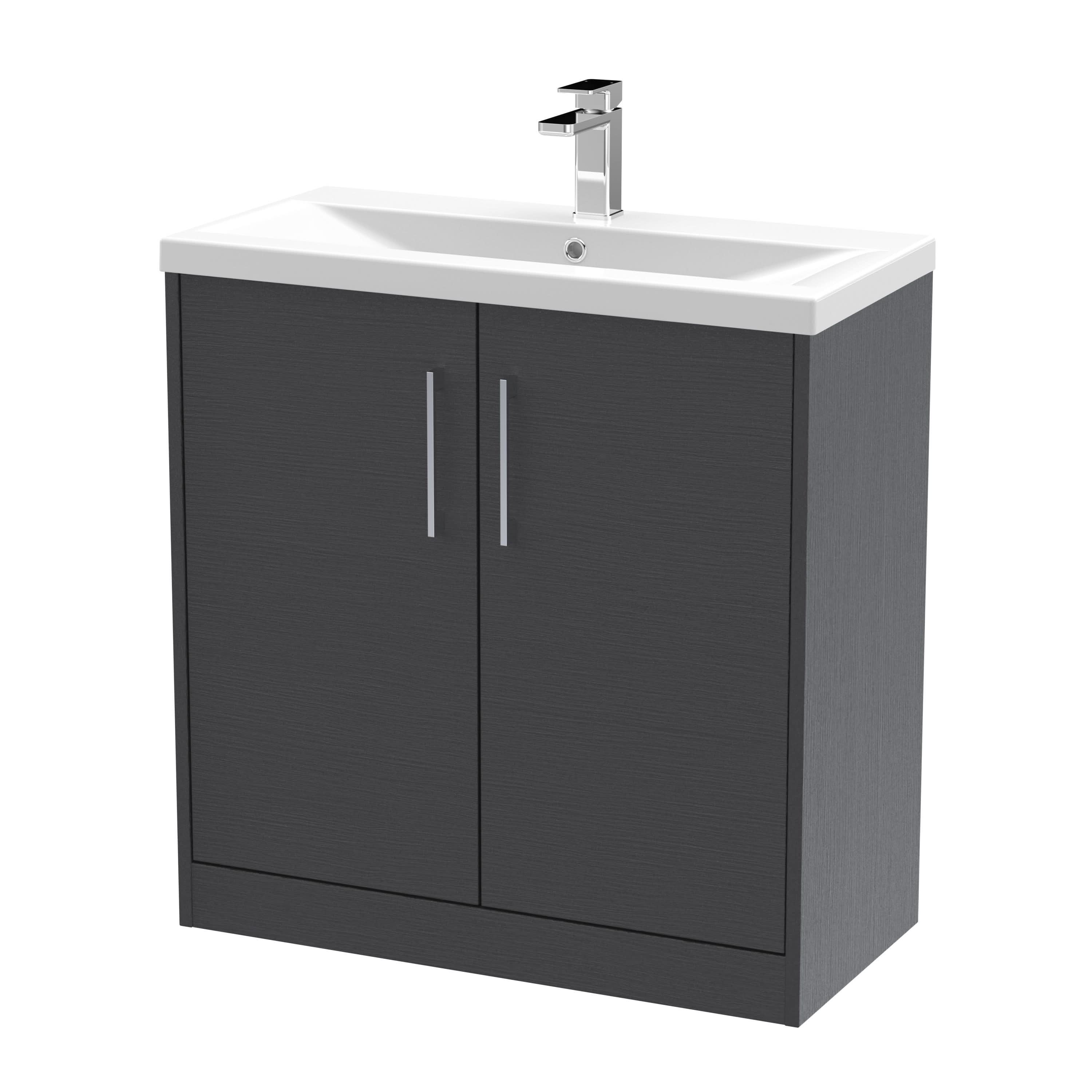Hudson Reed Juno Floor Standing 2-Door Vanity & Mid-Edge 1 Tap Hole Basin, Elegant Sink Vanity Unit, Graphite Grey Woodgrain, 800mm