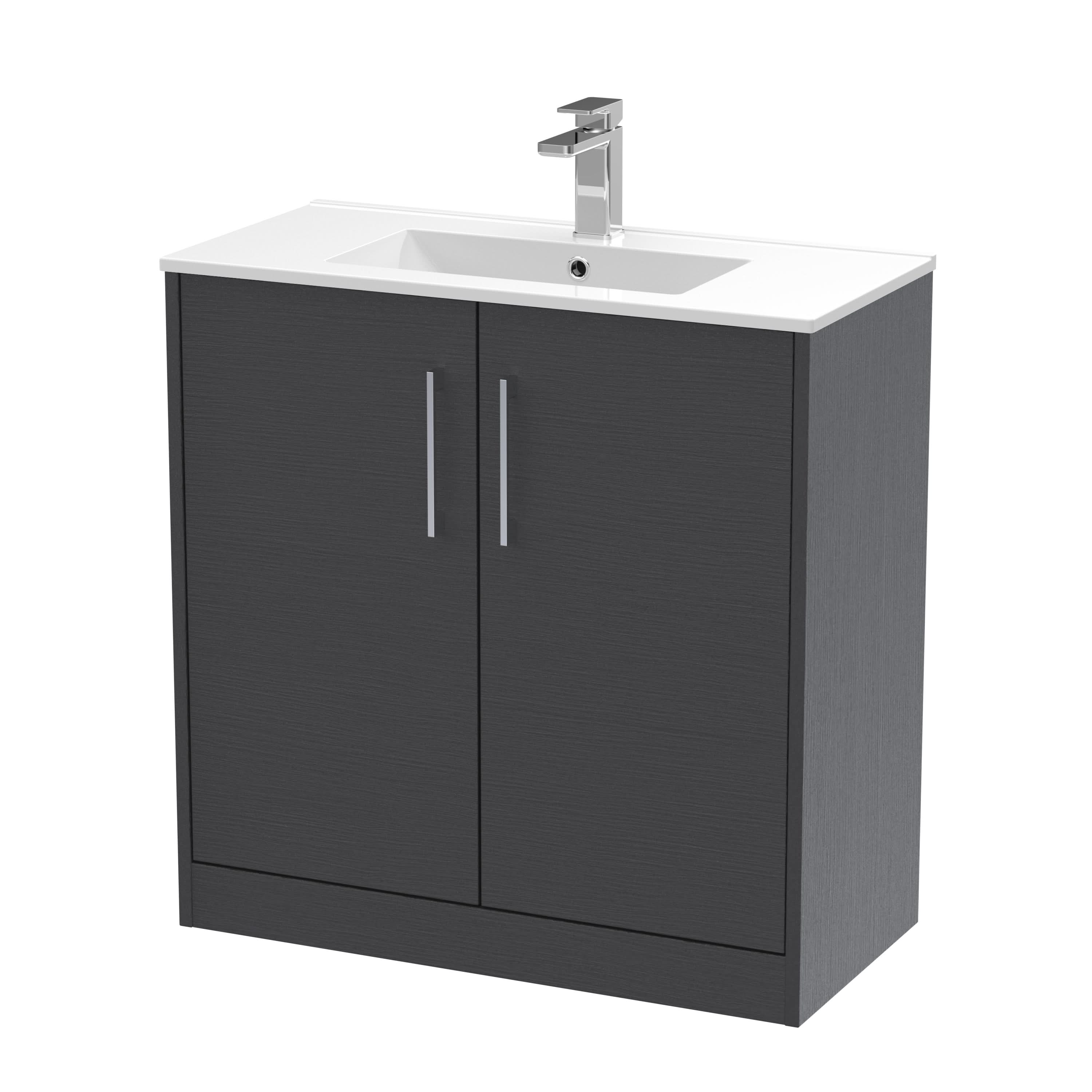 Hudson Reed Juno Floor Standing 2-Door Vanity & Minimalist 1 Tap Hole Basin, Elegant Sink Vanity Unit, Graphite Grey Woodgrain, 800mm