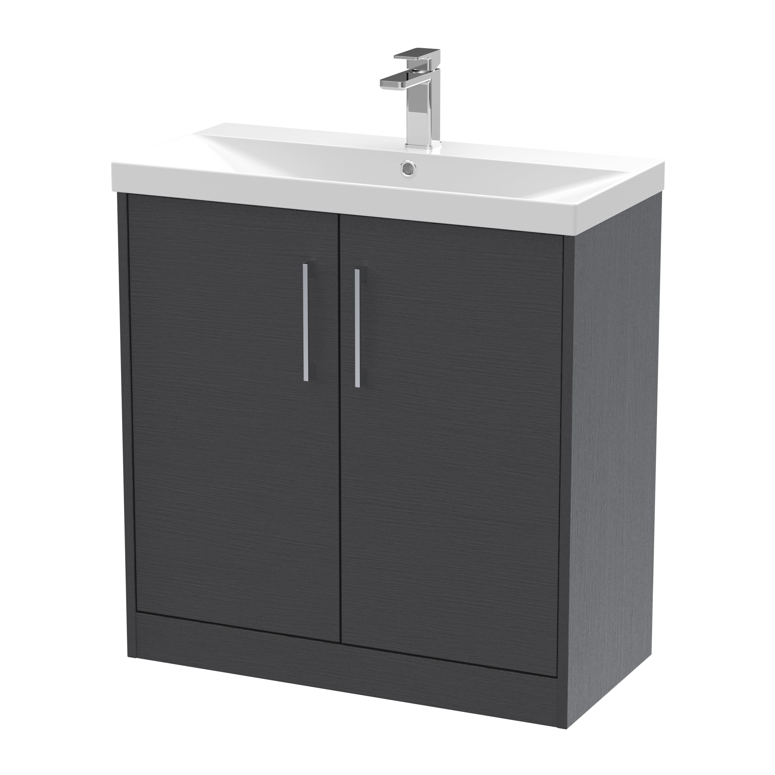 Hudson Reed Juno Floor Standing 2-Door Vanity & Thin-Edge 1 Tap Hole Basin, Elegant Sink Vanity Unit, Graphite Grey Woodgrain, 800mm