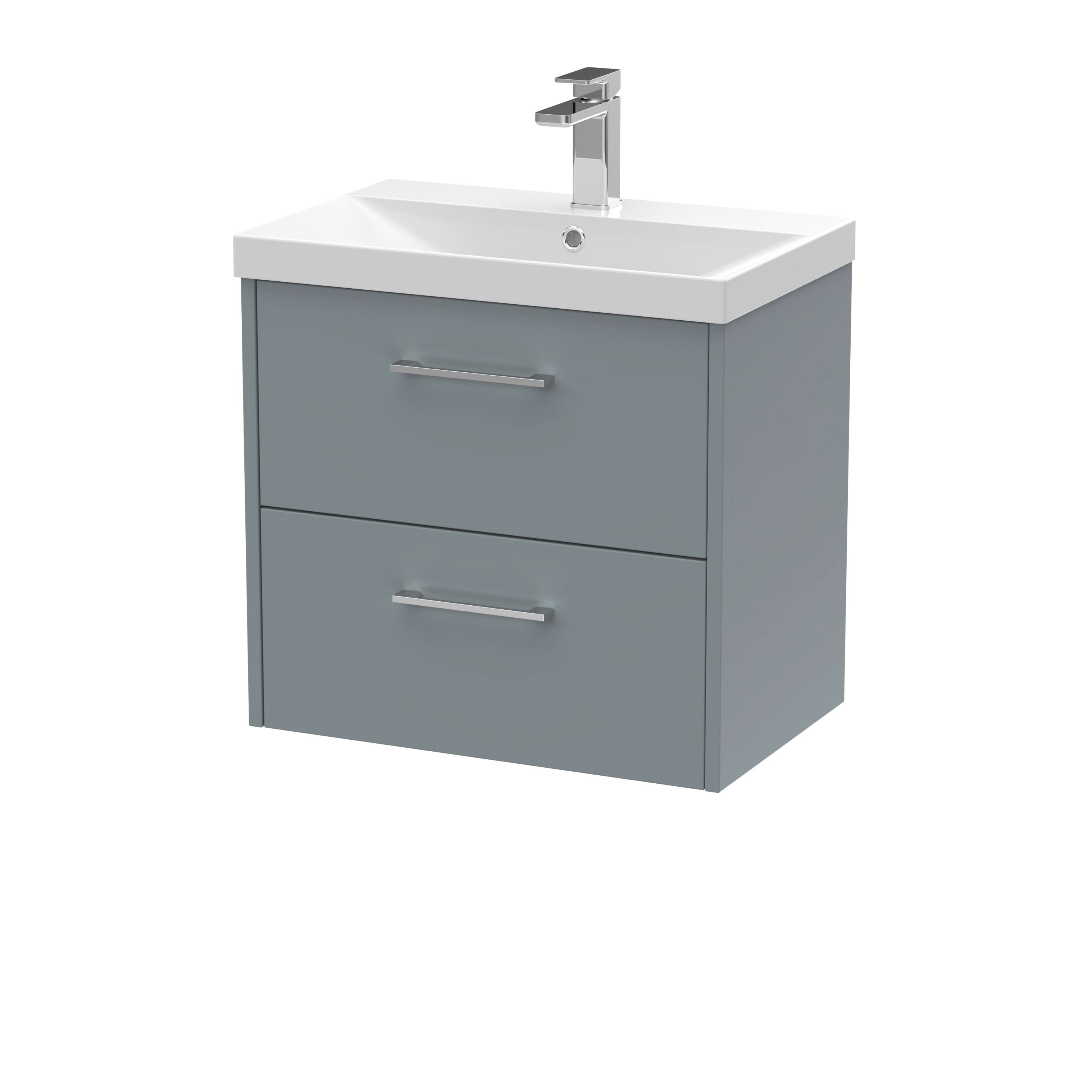 Hudson Reed Juno Wall Hung 2-Drawer Vanity and Thin-Edge 1 Tap Hole Basin, Timeless Sink Vanity Unit, Coastal Grey, 600mm