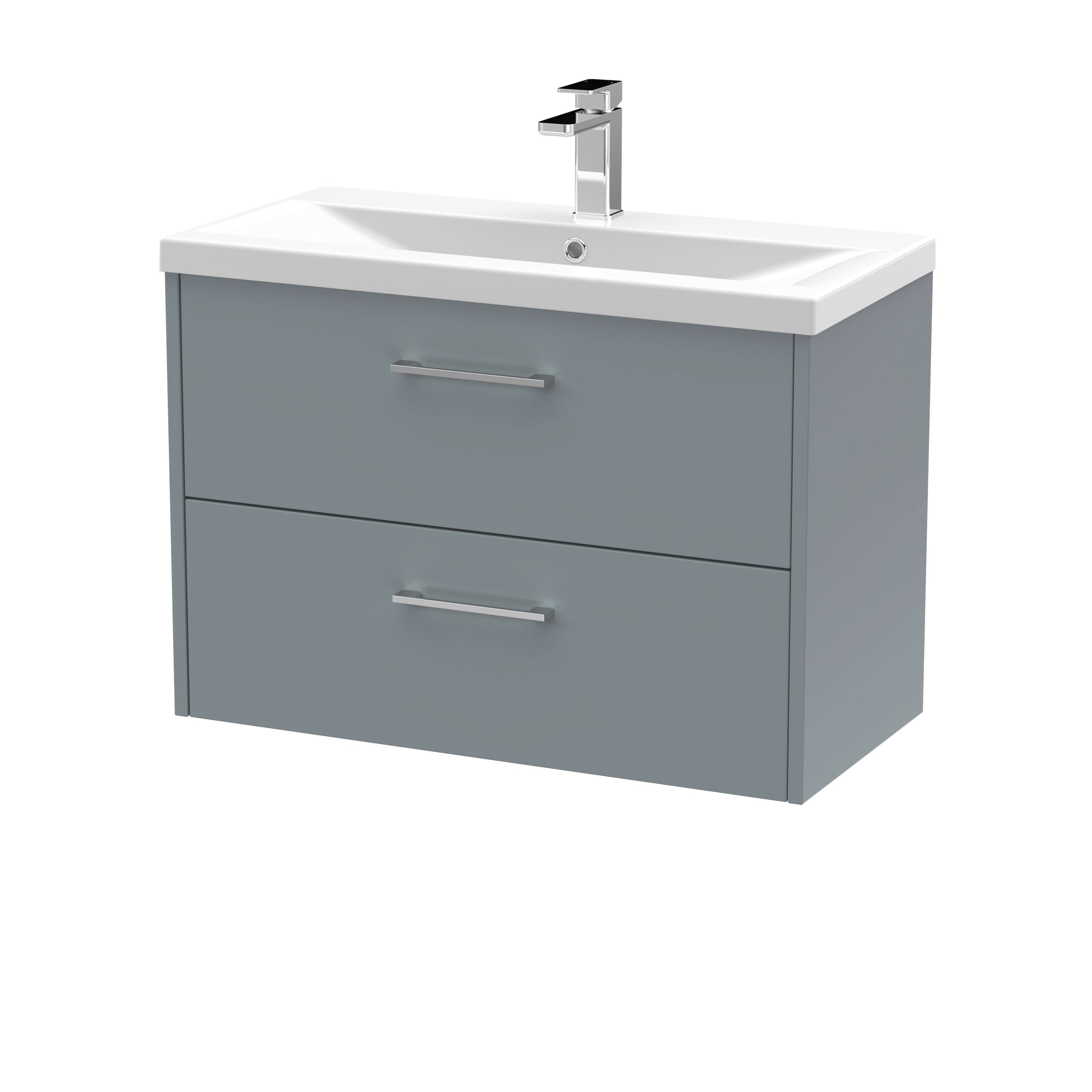 Hudson Reed Juno Wall Hung 2-Drawer Vanity and Mid-Edge 1 Tap Hole Basin, Timeless Sink Vanity Unit, Coastal Grey, 800mm