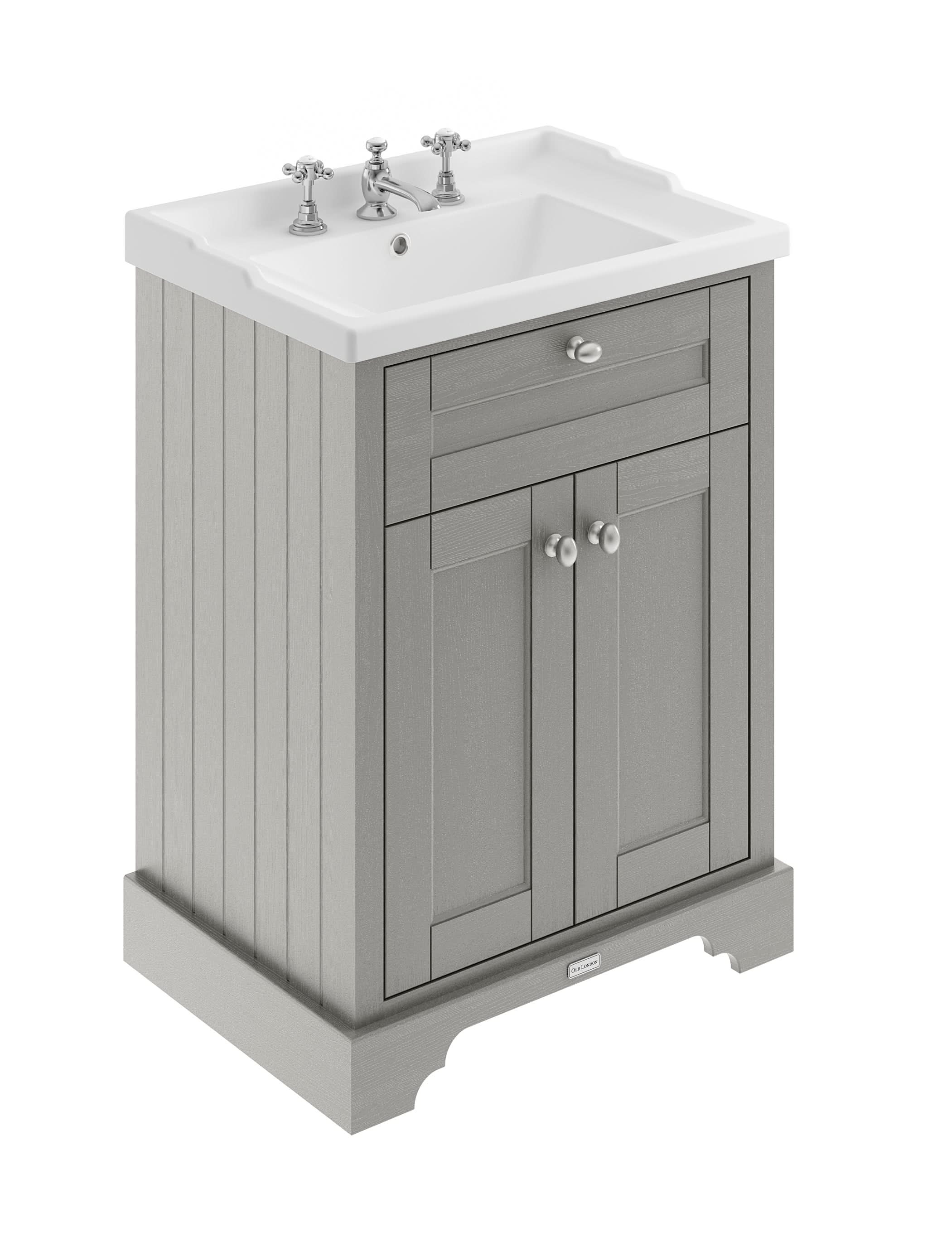 Old London Floor Standing 2 Door Vanity Unit with 3 Tap Hole Ceramic Basin, Bathroom Vanity Unit with Basin, Traditional Sink Vanity Unit in Storm Grey, 600mm
