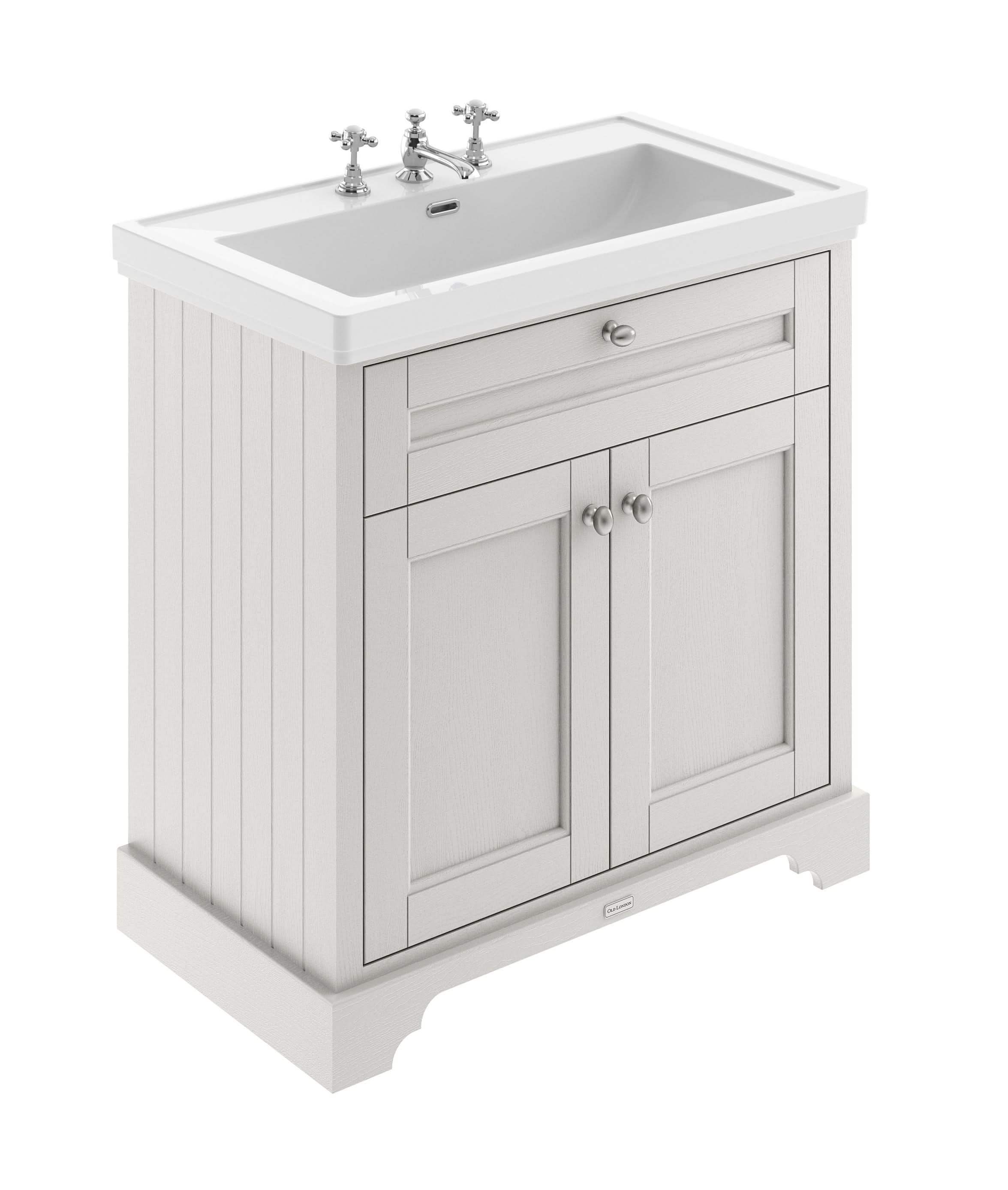 Old London Floor Standing Vanity Unit with 3 Tap Hole Fireclay Basin, Traditional Sink Vanity Unit for Bathroom, Soft Close Doors in Timeless Sand, 800mm