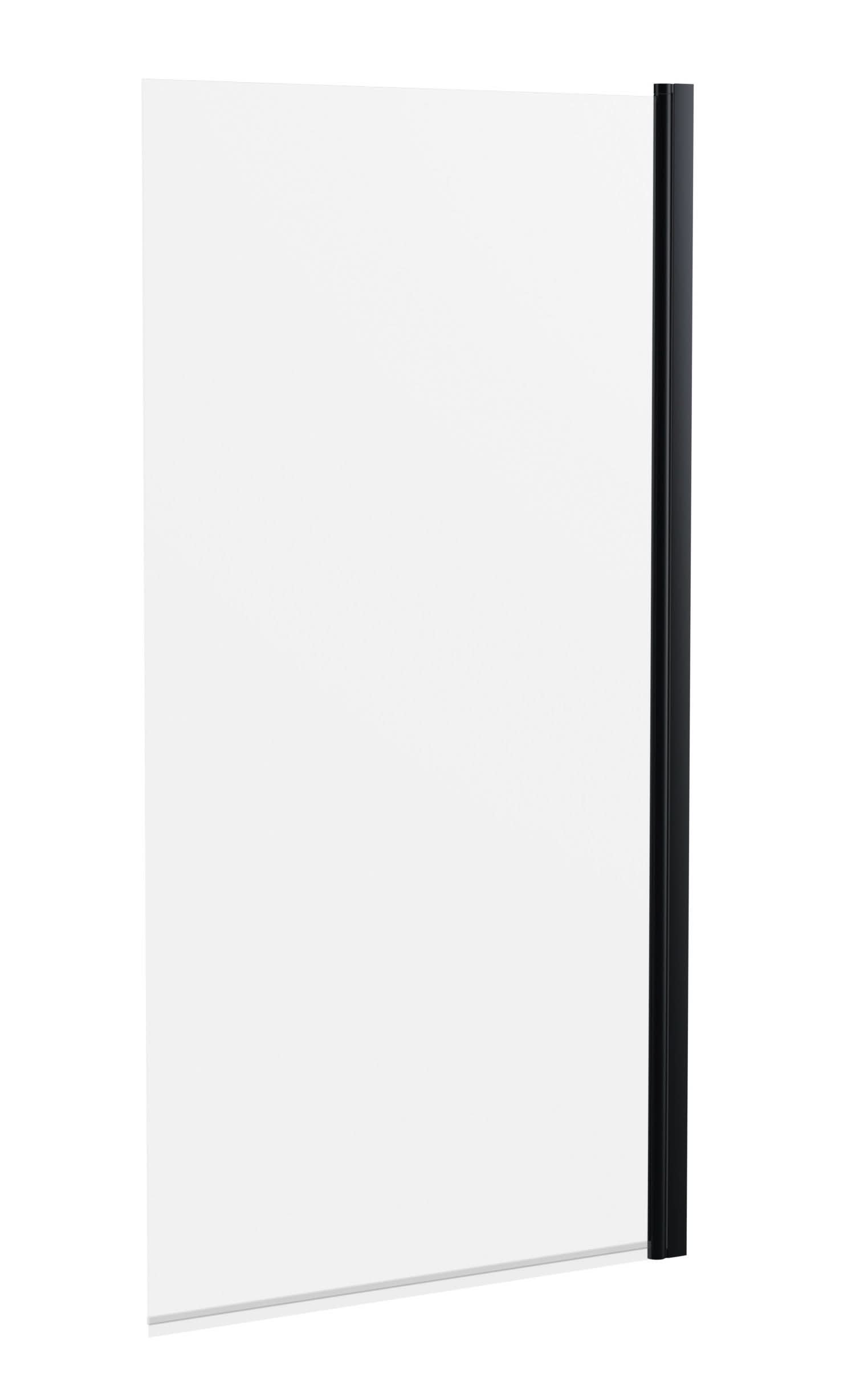 The Nuie Pacific Hinged Shower Bath Screen (1430mm x 785mm) features a sleek matt black frame on one side, standing upright against a plain white background.
