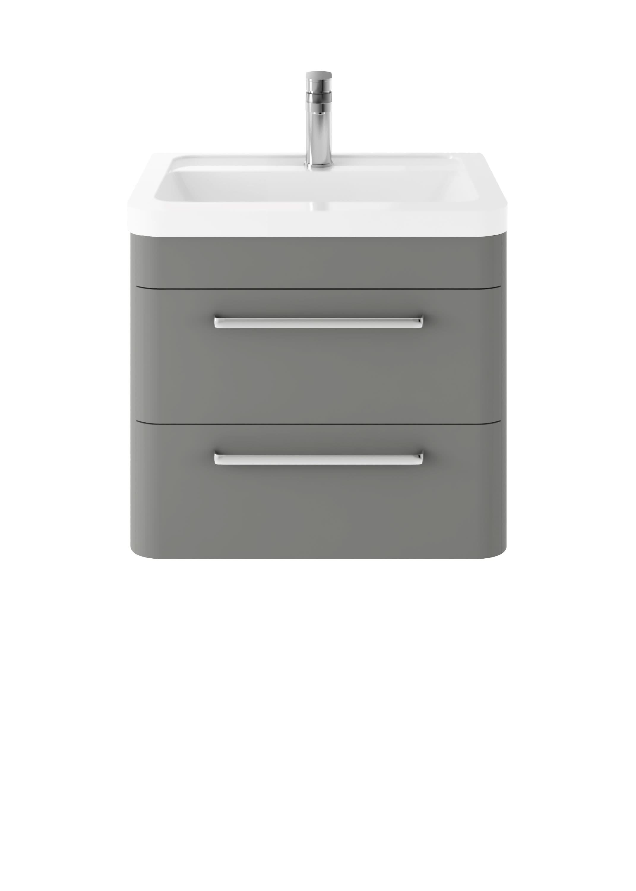 Hudson Reed Solar Wall Hung Vanity Unit with Ceramic Basin, Modern 2 Drawer Bathroom Sink Vanity Unit in Cool Grey, 600mm
