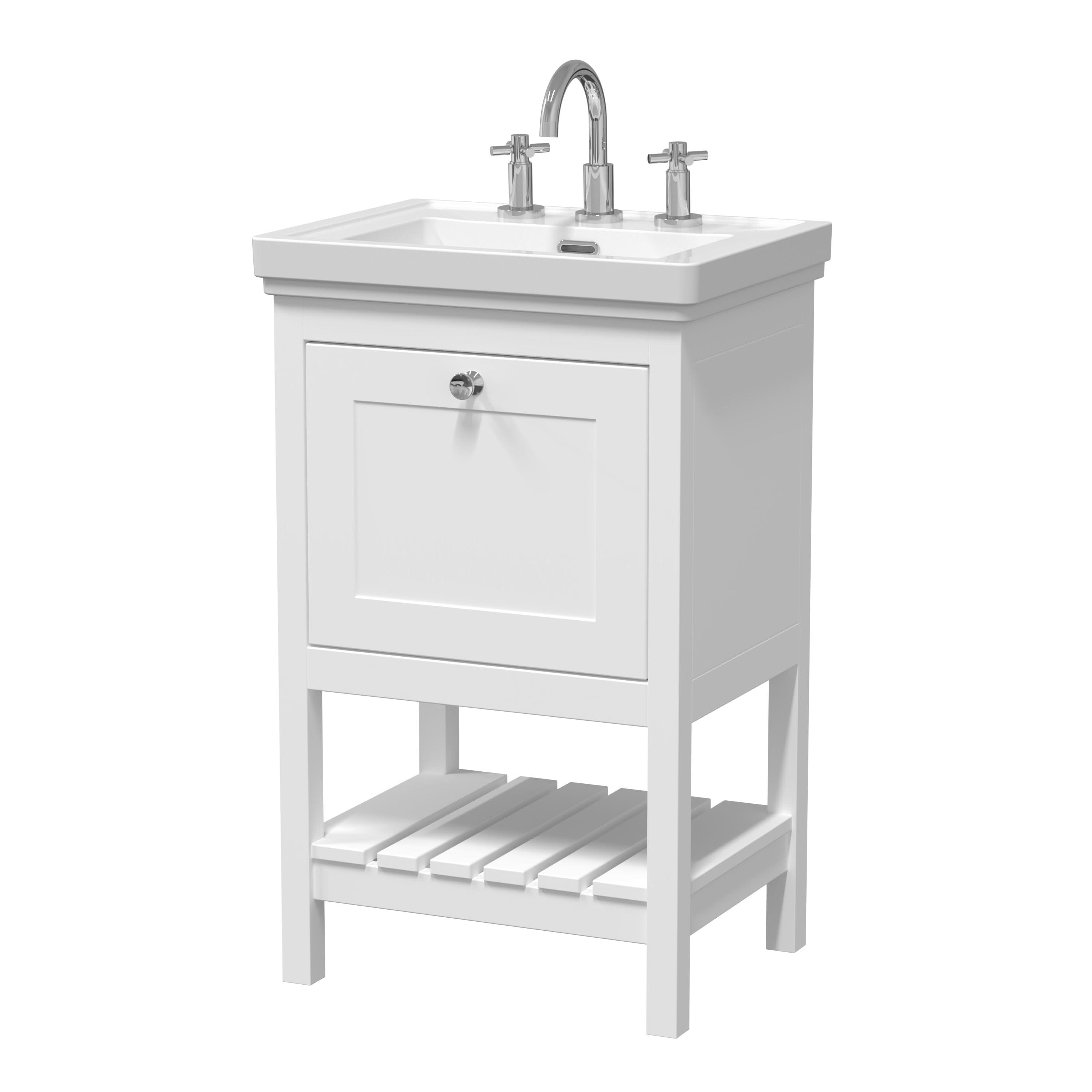 Old London Bexley Floor Standing 1 Drawer Vanity & 3 Tap Hole Fireclay Basin, Stylish Vanity Unit with Basin, Pure White, 500mm