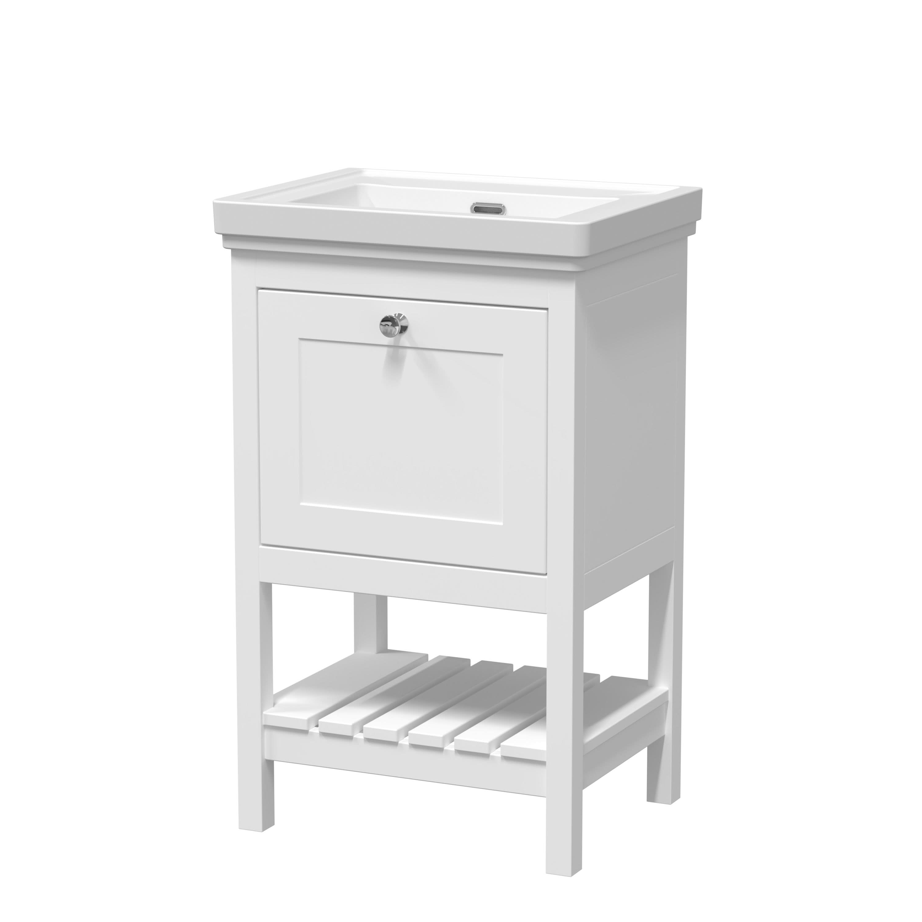 Old London Bexley Floor Standing 1 Drawer Vanity without Tap Hole Fireclay Basin, Stylish Vanity Unit with Basin, Pure White, 500mm