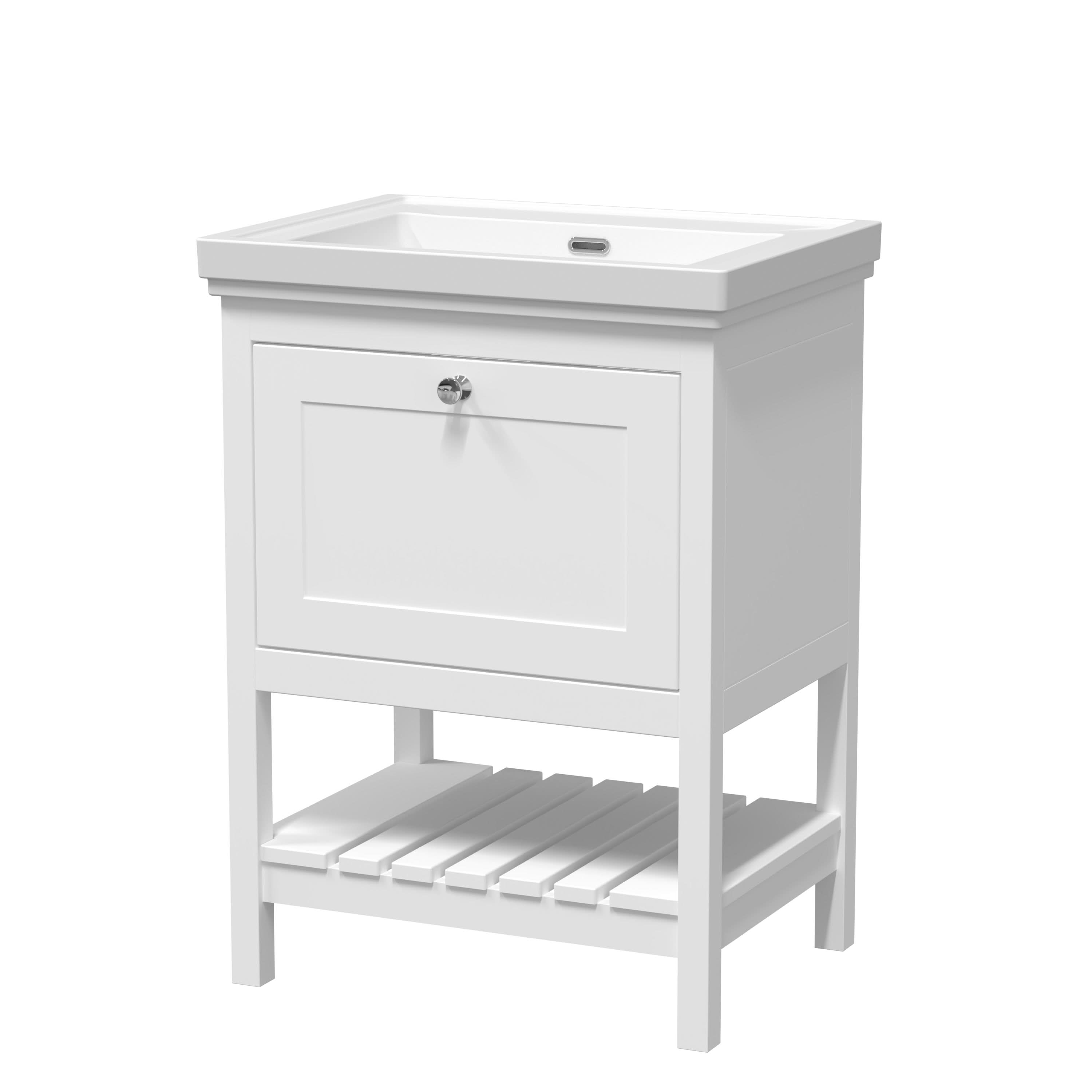 Old London Bexley Floor Standing 1 Drawer Vanity without Tap Hole Fireclay Basin, Stylish Vanity Unit with Basin, Pure White, 600mm