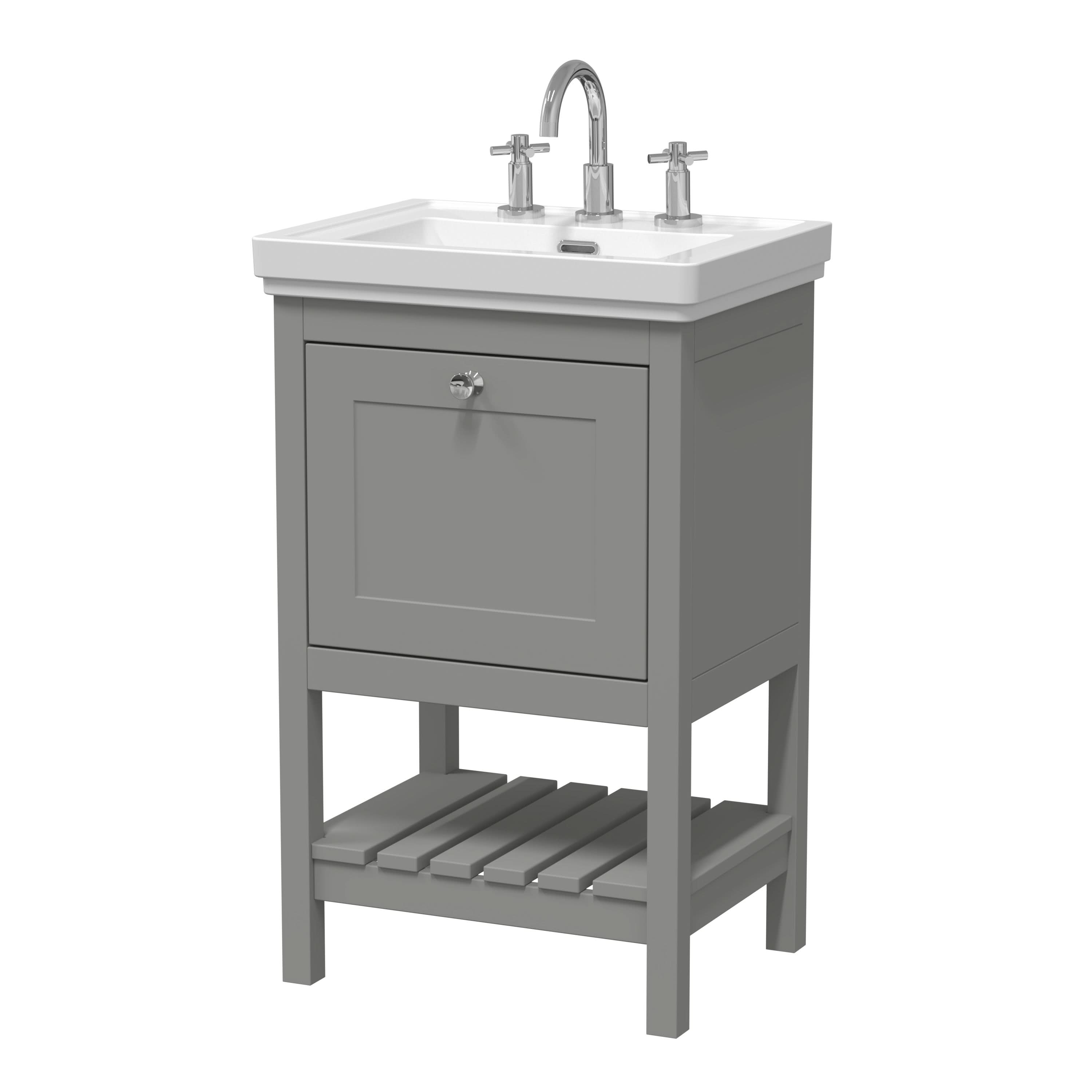 Old London Bexley Floor Standing 1 Drawer Vanity & 3 Tap Hole Fireclay Basin, Stylish Vanity Unit with Basin, Cool Grey, 500mm