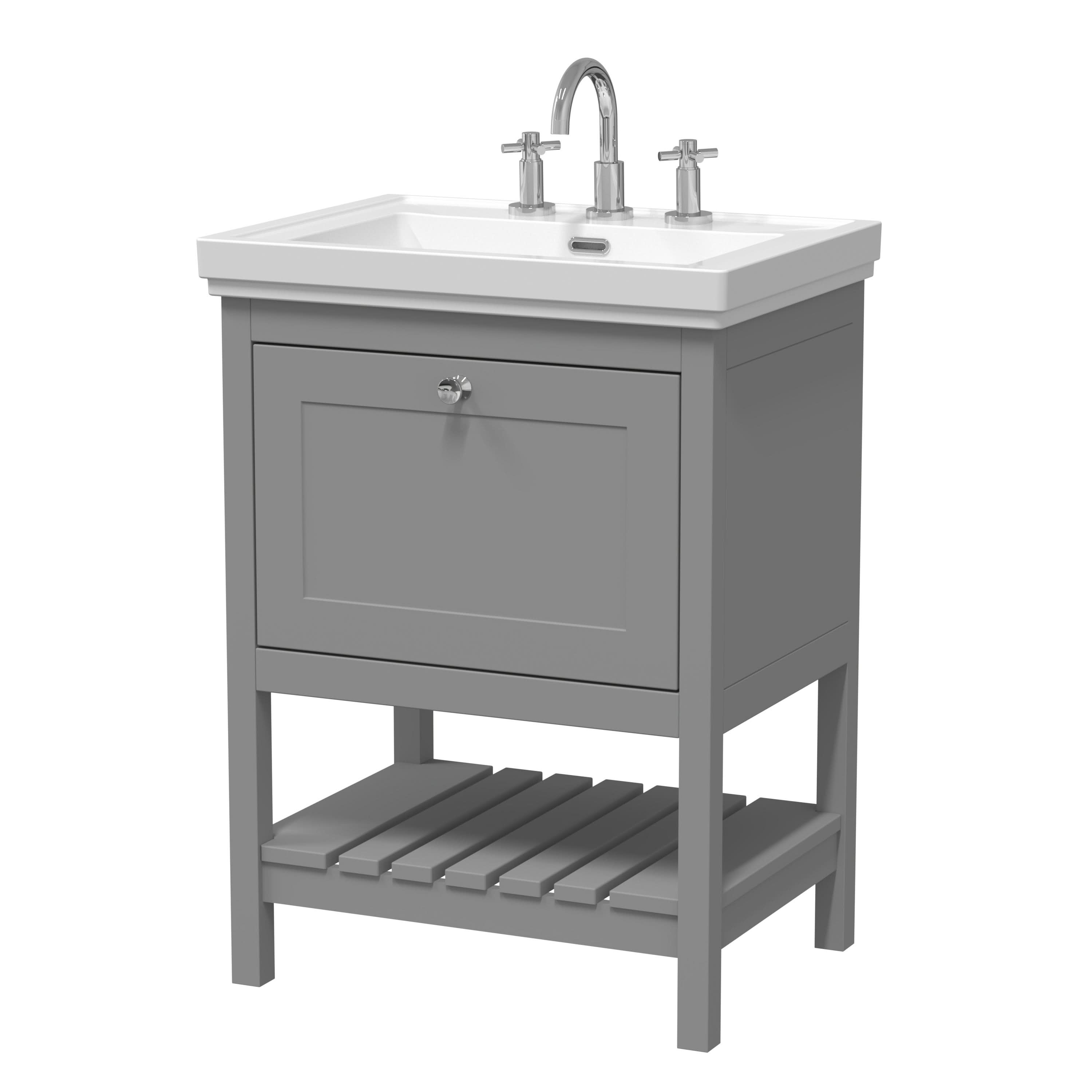 Old London Bexley Floor Standing 1 Drawer Vanity & 3 Tap Hole Fireclay Basin, Stylish Vanity Unit with Basin, Cool Grey, 600mm